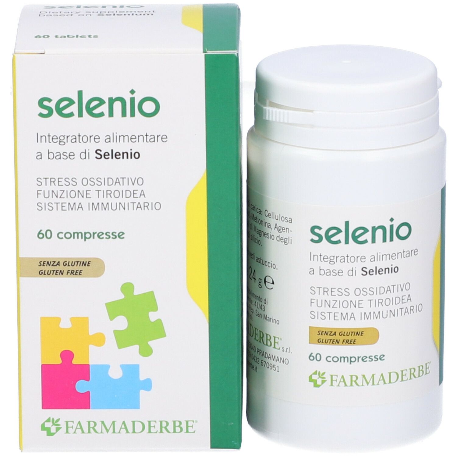 Emballage et flacon Selenio. Inscription: Integratore alimentare a base di Selenio, 60 compresse, sans gluten. Logo Farmaderbe.