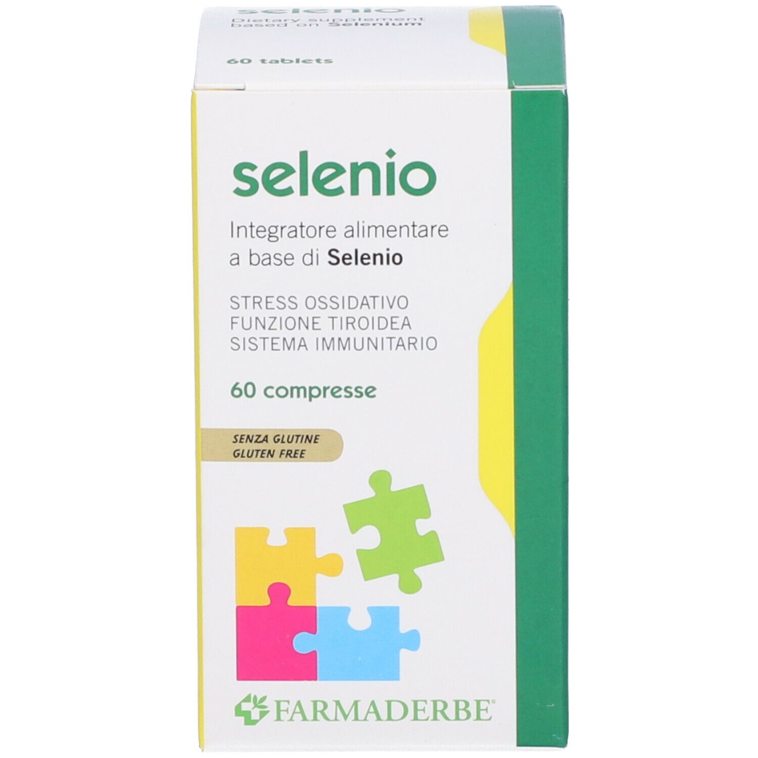 Emballage Selenio. Inscription: Integratore alimentare a base di Selenio, 60 compresse, sans gluten. Logo Farmaderbe.