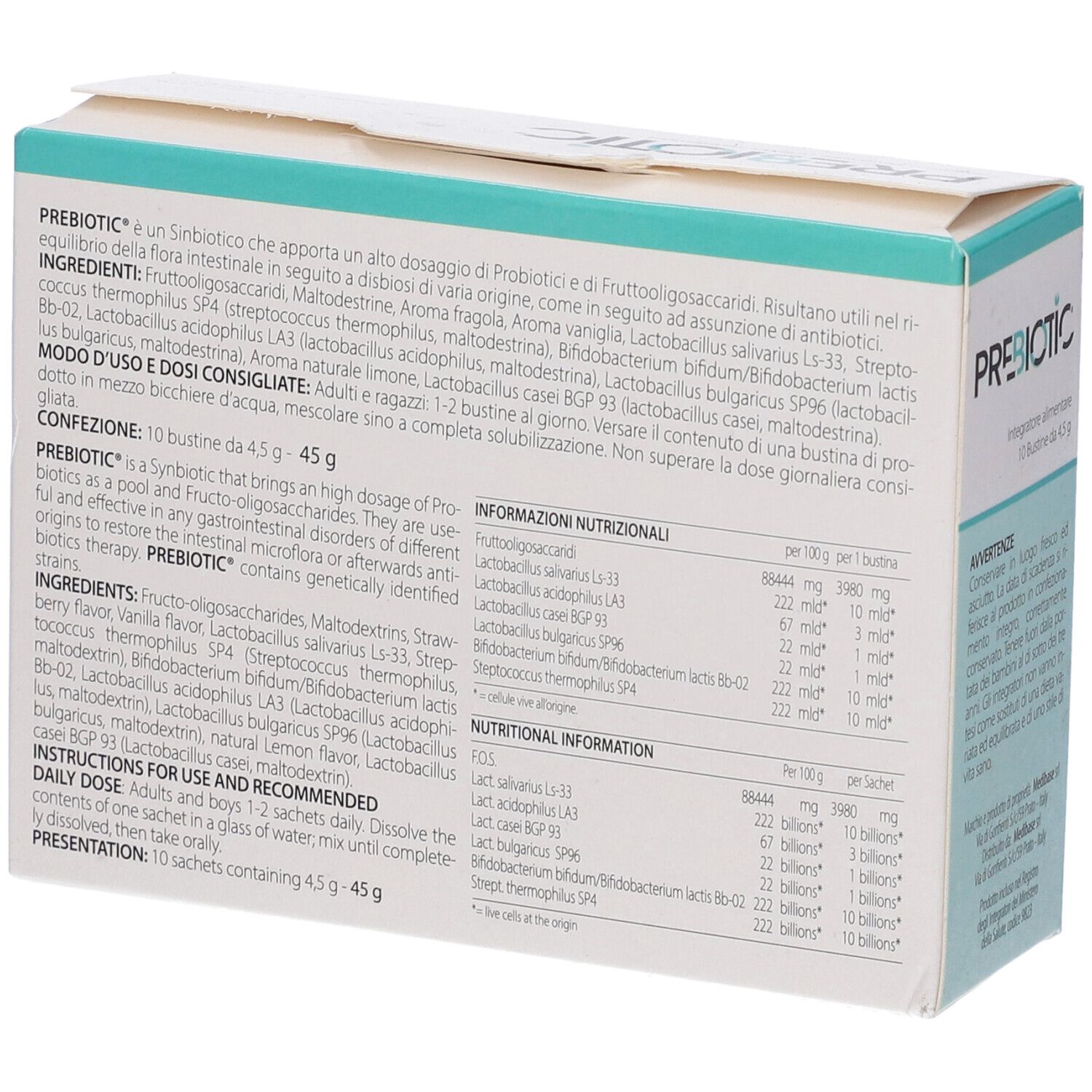 Prebiotic®-Verpackung. Rückseite mit Inhaltsstoffen und Nährwertangaben. 10 Beutel.