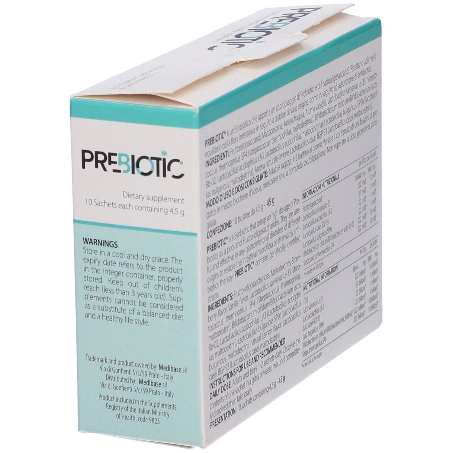 Prebiotic®-Verpackung. Rückseite mit Inhaltsstoffen und Nährwertangaben. 10 Beutel.