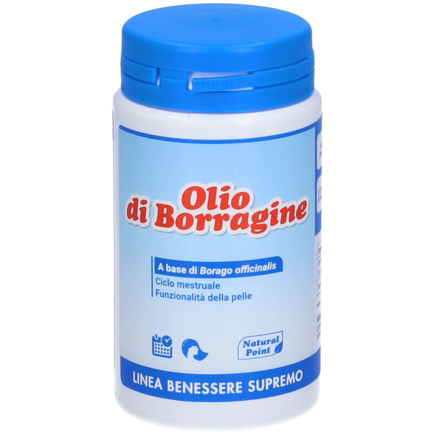 Weiße Flasche mit blauem Deckel. Aufschrift: Olio di Borragine. Text: A base di Borago officinalis, Linea Benessere Supremo.