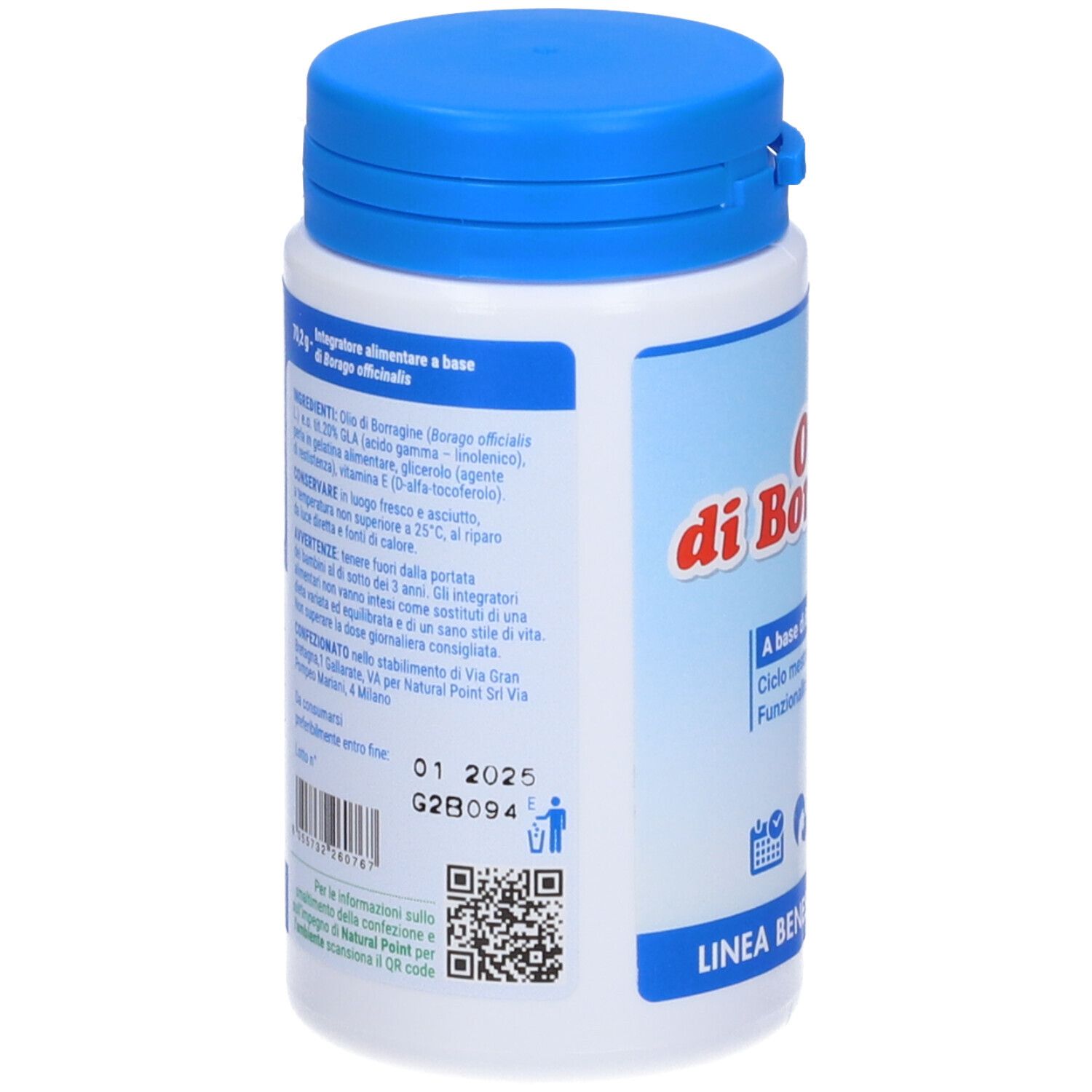 Flacon blanc à bouchon bleu. Inscription: Olio di Borragine. Texte en italien. Code QR et date de péremption.