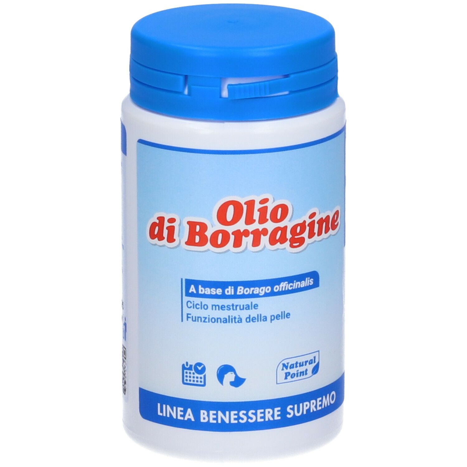 Weiße Flasche mit blauem Deckel. Aufschrift: Olio di Borragine. Text: A base di Borago officinalis, Linea Benessere Supremo.