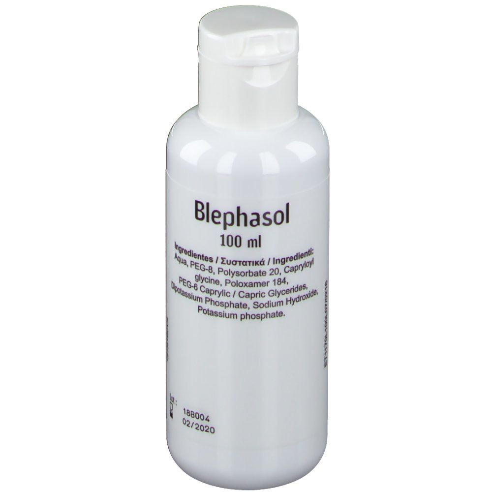 Flacon blanc avec bouchon rabattable. Inscription: Blephasol, 100 ml. Liste des ingrédients et date de péremption.