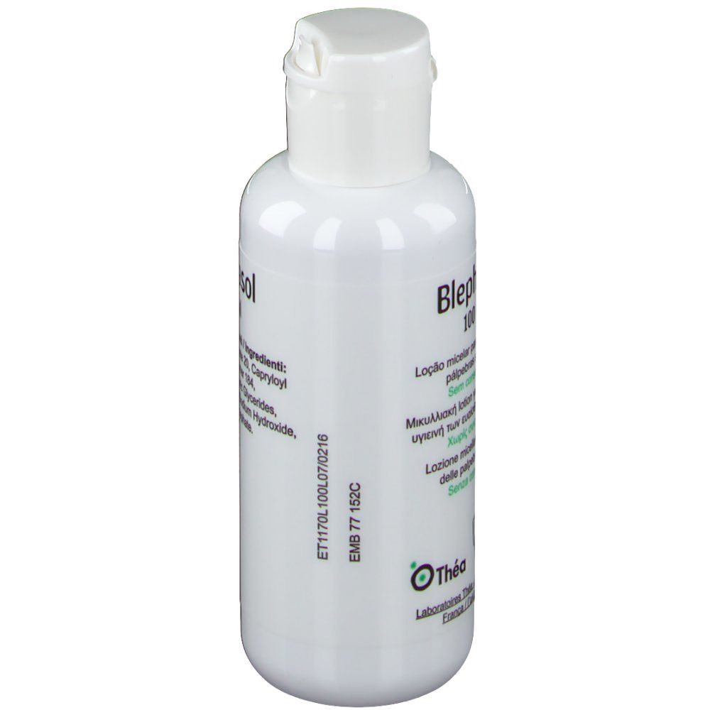 Flacon blanc avec bouchon rabattable. Inscription: Blephasol. Texte multilingue. Logo Théa.