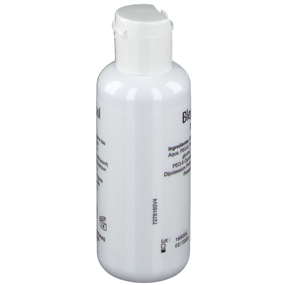 Flacon blanc avec bouchon rabattable. Inscription: Blephasol. Liste des ingrédients et date de péremption.