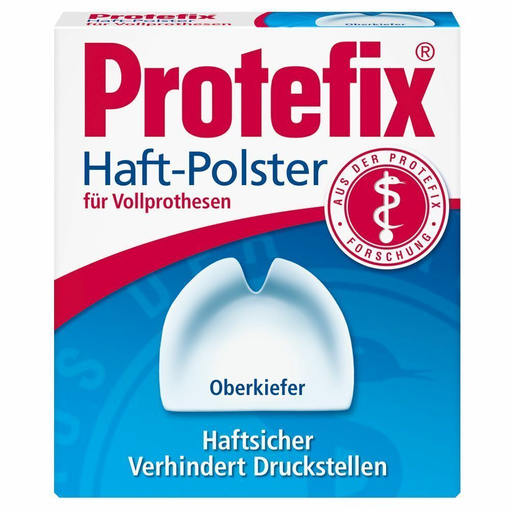 Boîte blanche avec texte rouge et bleu. Protefix coussinets adhésifs pour prothèses complètes. Logo Protefix en haut à gauche. Coussinet blanc en dessous.