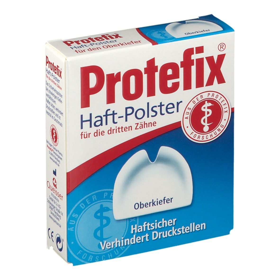 Boîte blanche avec texte rouge et bleu. Protefix coussinets adhésifs pour troisièmes dents. Logo Protefix. Coussinet blanc. En haut à droite: Mâchoire supérieure.