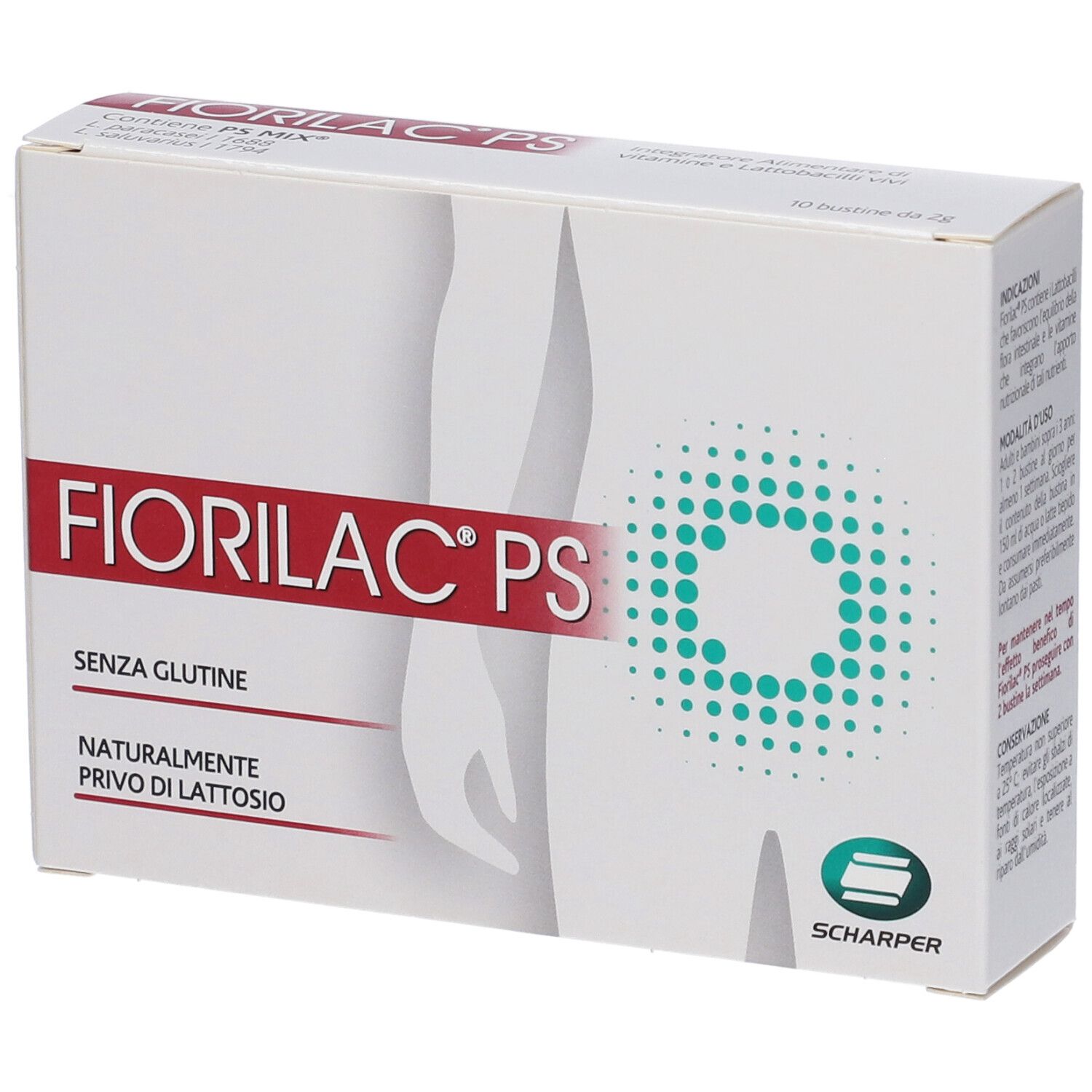 FIORILAC® PS-Verpackung. Weißer Karton mit Produktnamen und Logo. Glutenfrei, laktosefrei. Enthält 10 Beutel.