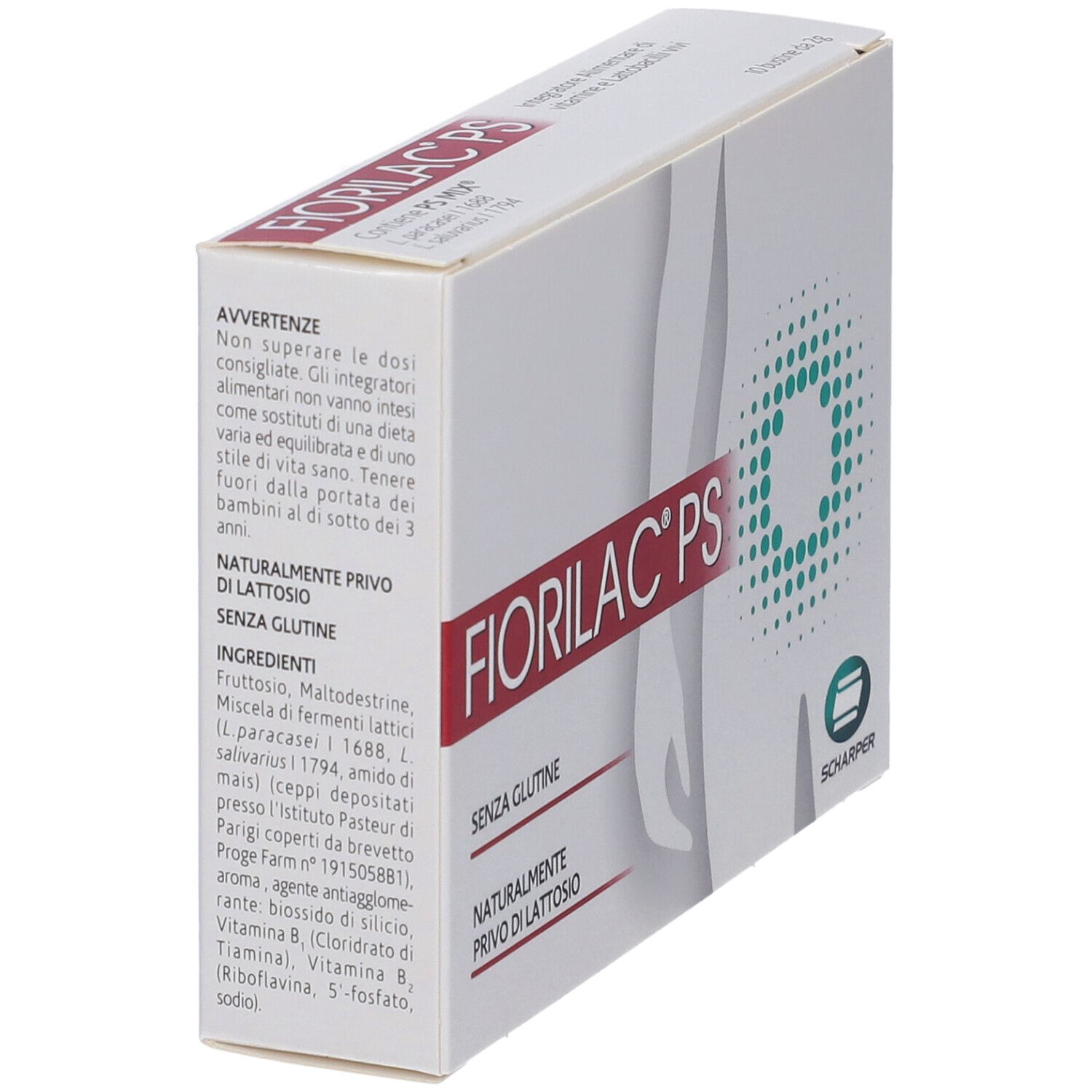 FIORILAC® PS-Verpackung. Weißer Karton mit Produktnamen und Logo. Enthält Informationen zu Inhaltsstoffen und Warnhinweisen.