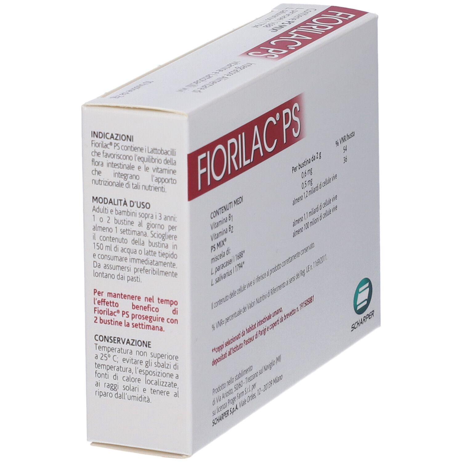 FIORILAC® PS-Verpackung. Weißer Karton mit Produktnamen und Logo. Enthält Informationen zu Inhaltsstoffen und Gebrauchsanweisung.
