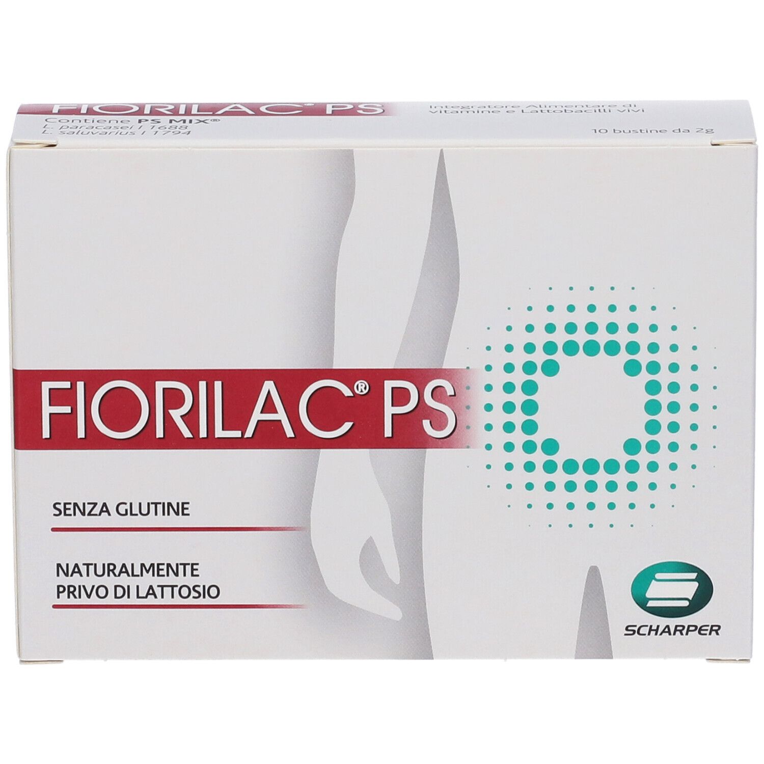 FIORILAC® PS-Verpackung. Weißer Karton mit Produktnamen und Logo. Glutenfrei, laktosefrei. Enthält 10 Beutel.