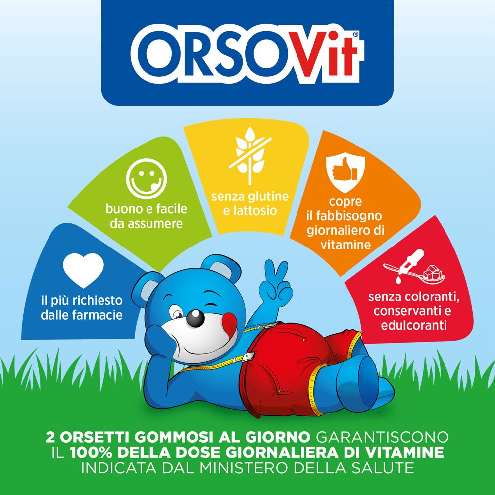 Zwei Flaschen Orsovit. Eine mit 60, eine mit 90 Gummibärchen. Text: Geschmack, Anwendung, kindersicher.