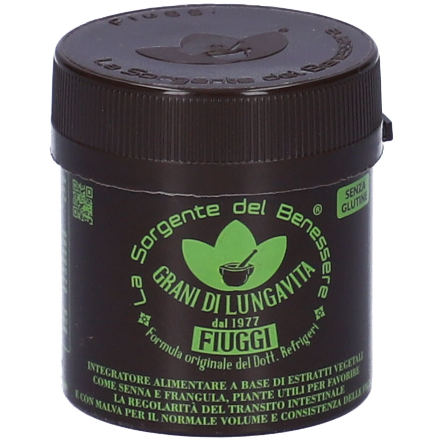 Boîte marron avec étiquette verte. Texte: La Sorgente del Benessere, Grani di Lungavita Fiuggi, sans gluten. Nom du produit.