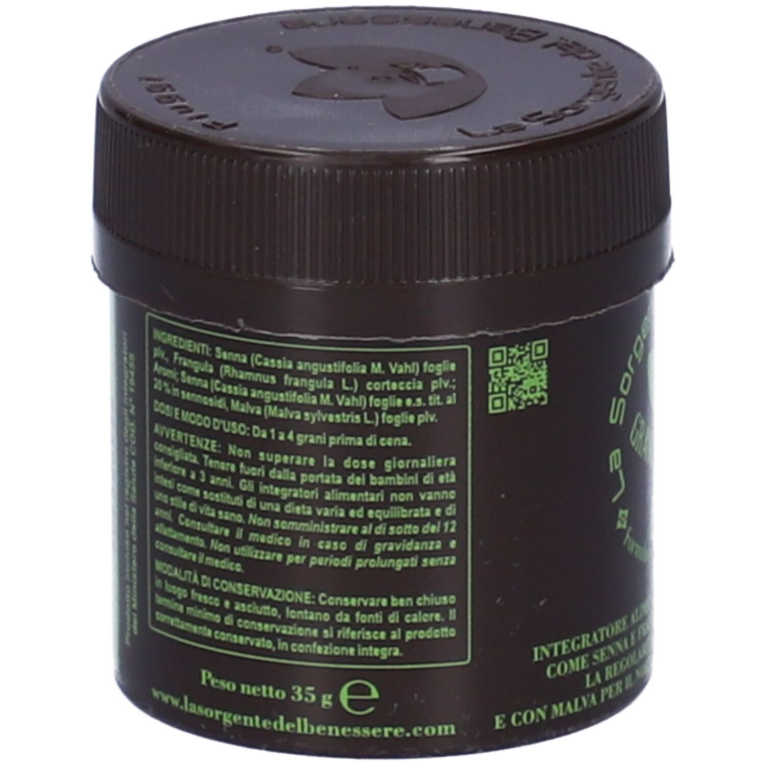 Boîte marron avec étiquette verte. Texte: Ingrédients, poids net 35g, La Sorgente del Benessere. Informations sur le produit.