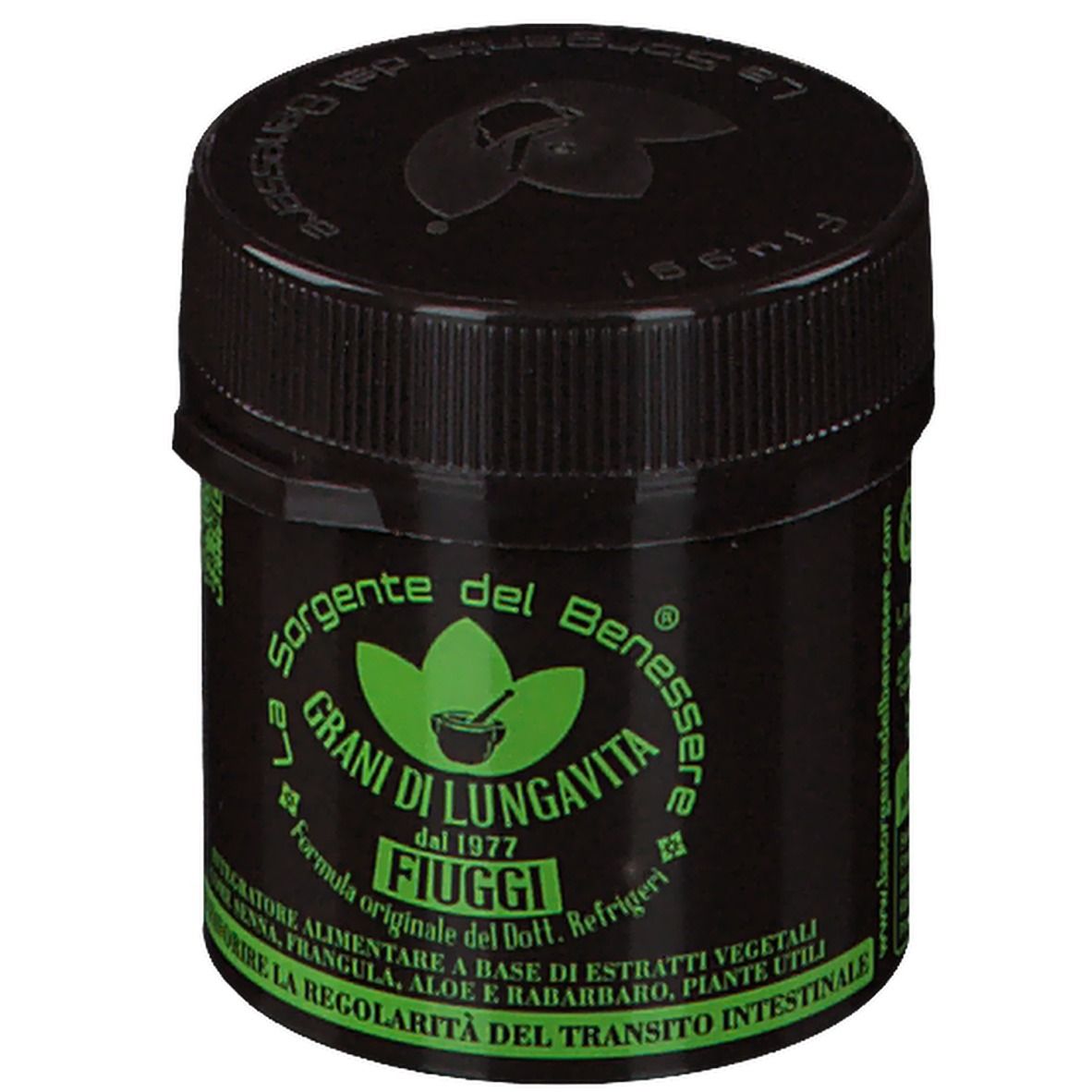 Boîte marron avec étiquette verte. Texte: La Sorgente del Benessere, Grani di Lungavita Fiuggi, sans gluten. Nom du produit.