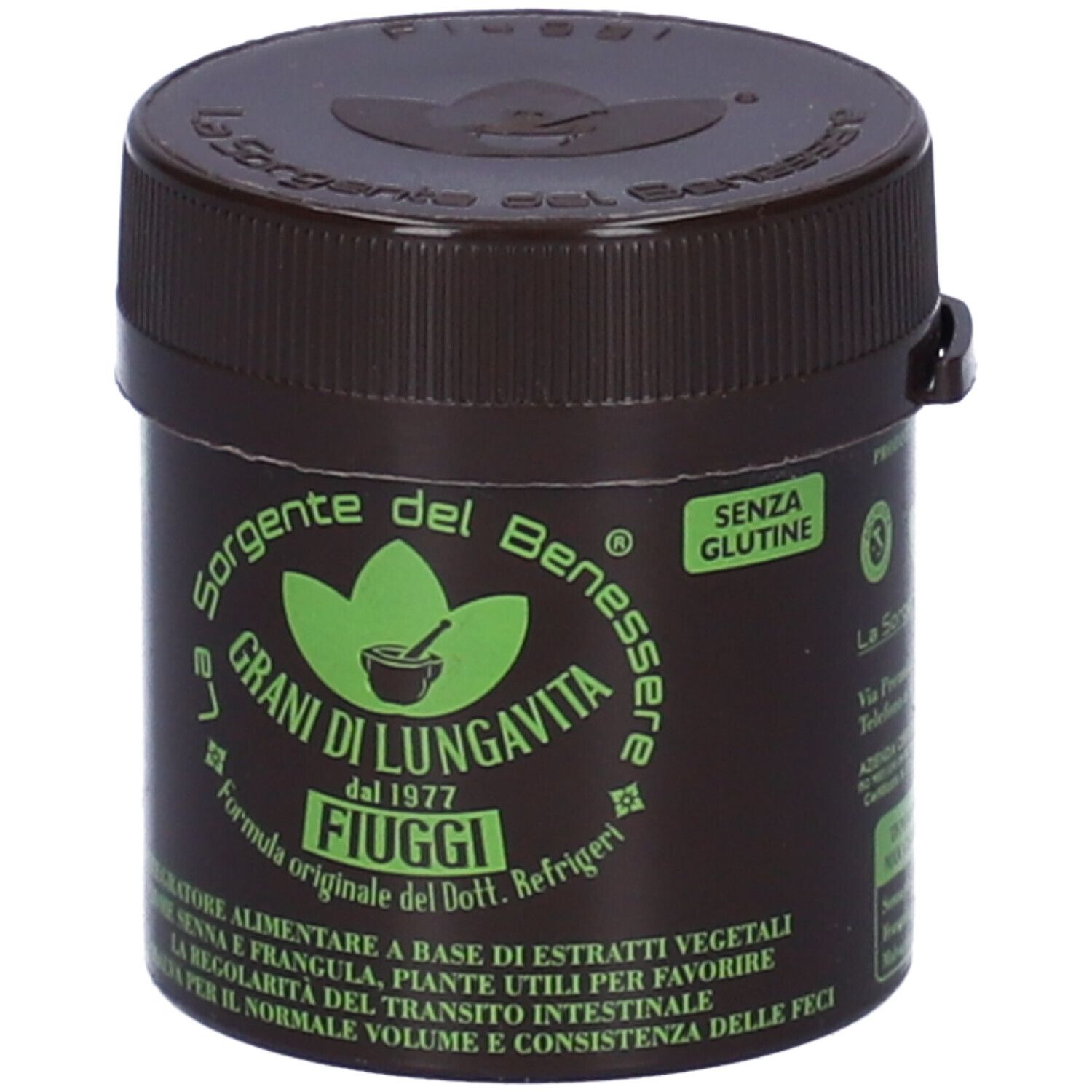 Boîte marron avec étiquette verte. Texte: La Sorgente del Benessere, Grani di Lungavita Fiuggi, sans gluten. Nom du produit.