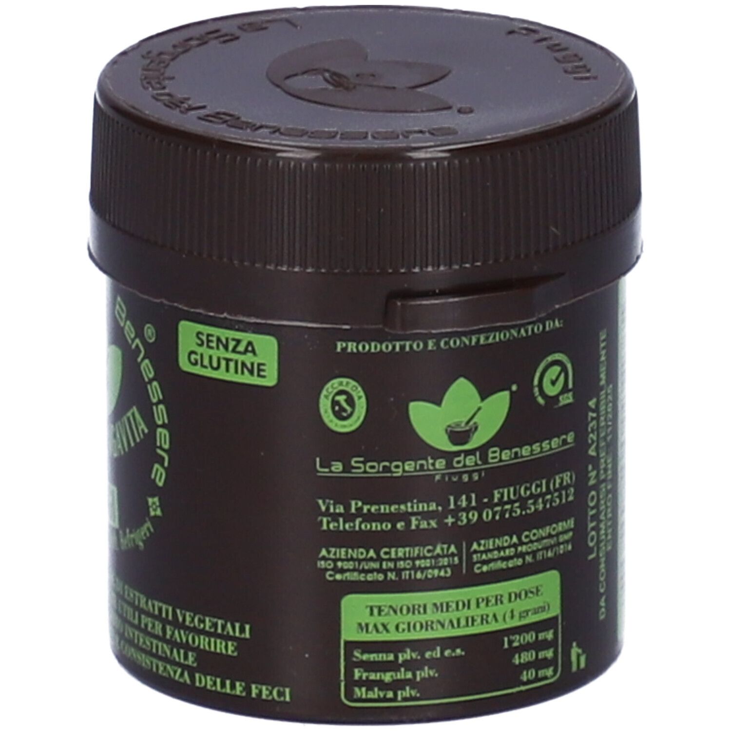 Boîte marron avec étiquette verte. Texte: La Sorgente del Benessere, Grani di Lungavita Fiuggi, sans gluten. Informations sur le produit.