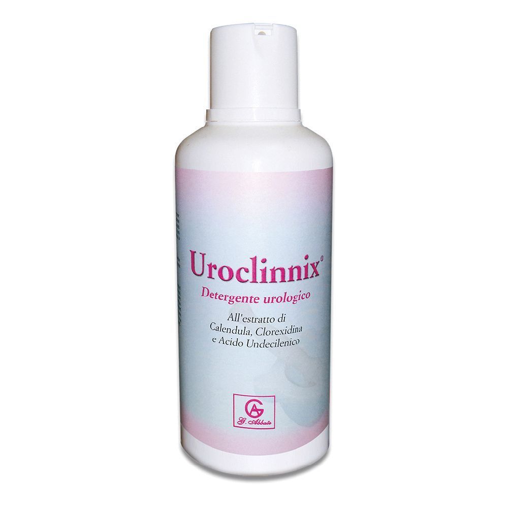 Weiße Flasche mit rosa und blauer Beschriftung. Text: Uroclinnix Detergente urologico.