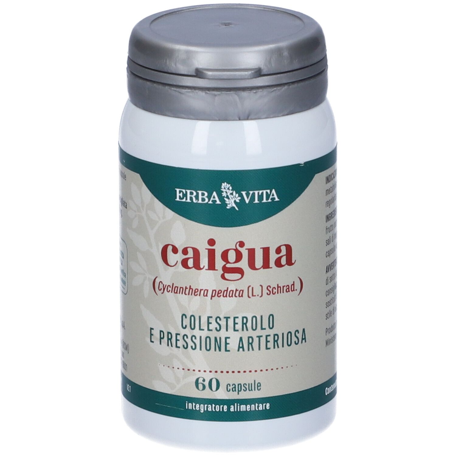 Flacon de gélules avec couvercle argenté. Inscription : CAIGUA, ERBA VITA. 60 gélules. Complément alimentaire.