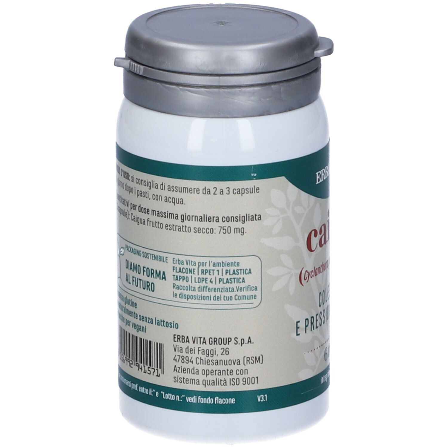 Dos du flacon de gélules. Inscription : ERBA VITA, ingrédients, mode d'emploi. Sans gluten, végétalien.