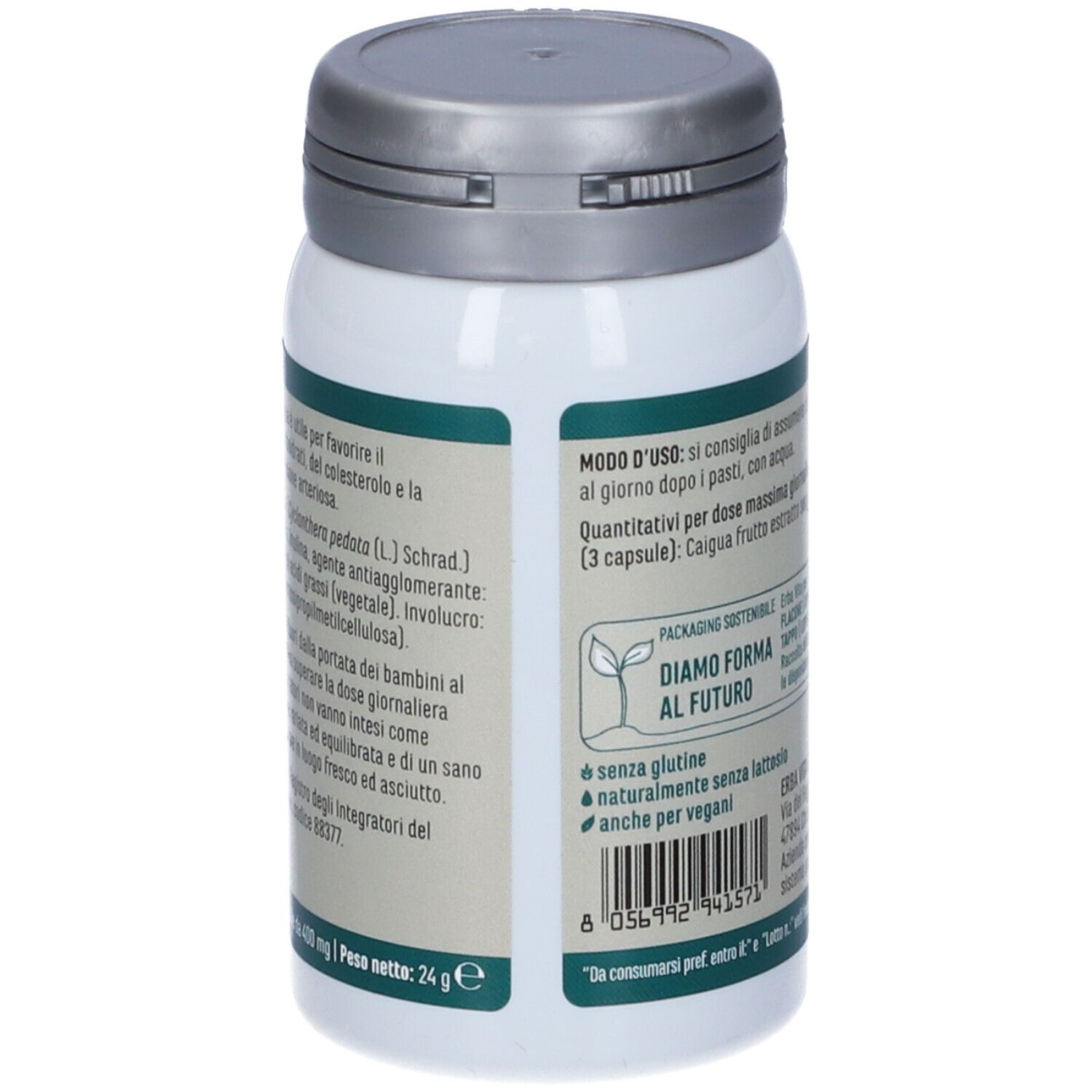 Dos du flacon de gélules. Inscription : ERBA VITA, ingrédients, mode d'emploi. Sans gluten, végétalien.