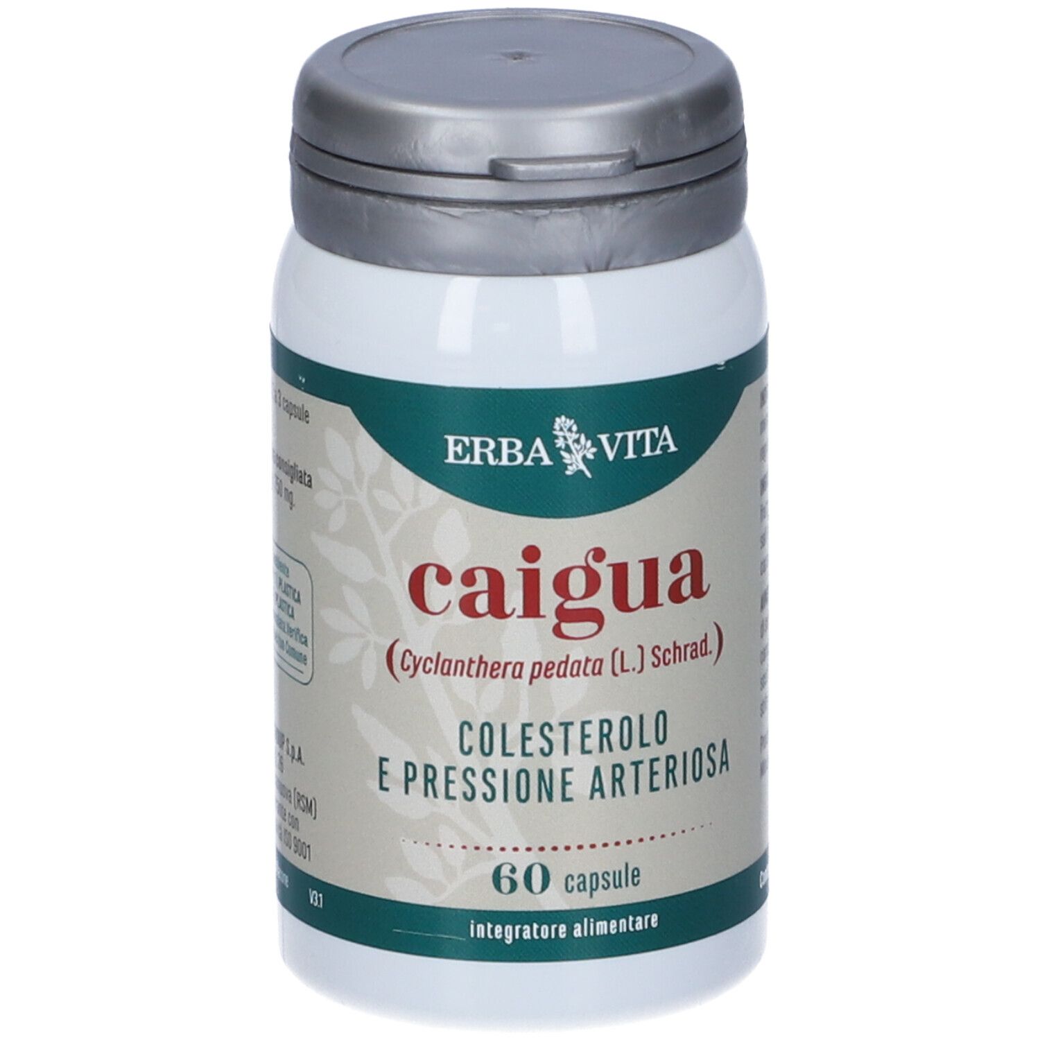 Flacon de gélules avec couvercle argenté. Inscription : CAIGUA, ERBA VITA. 60 gélules. Complément alimentaire.