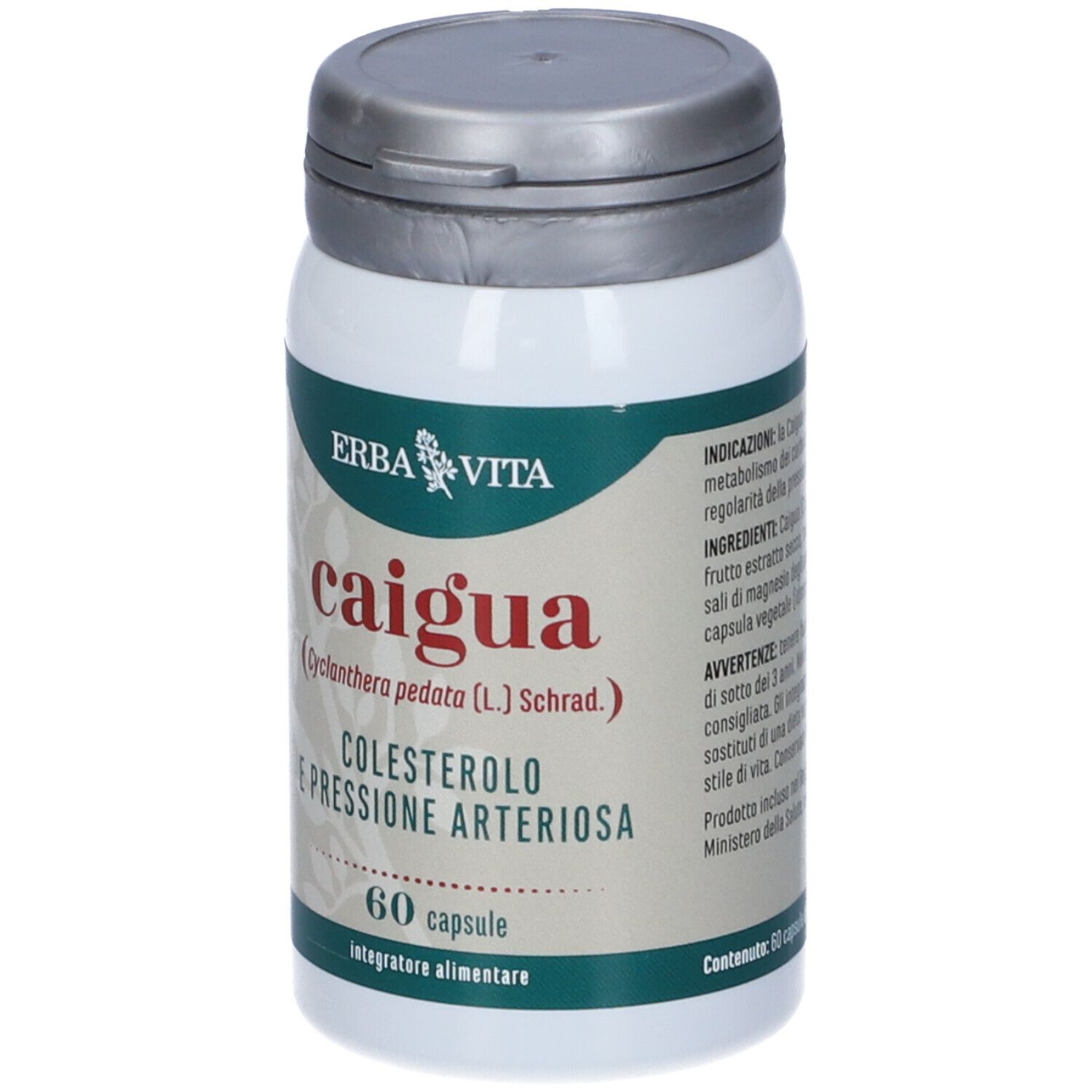 Flacon de gélules avec couvercle argenté. Inscription : CAIGUA, ERBA VITA. 60 gélules. Complément alimentaire.