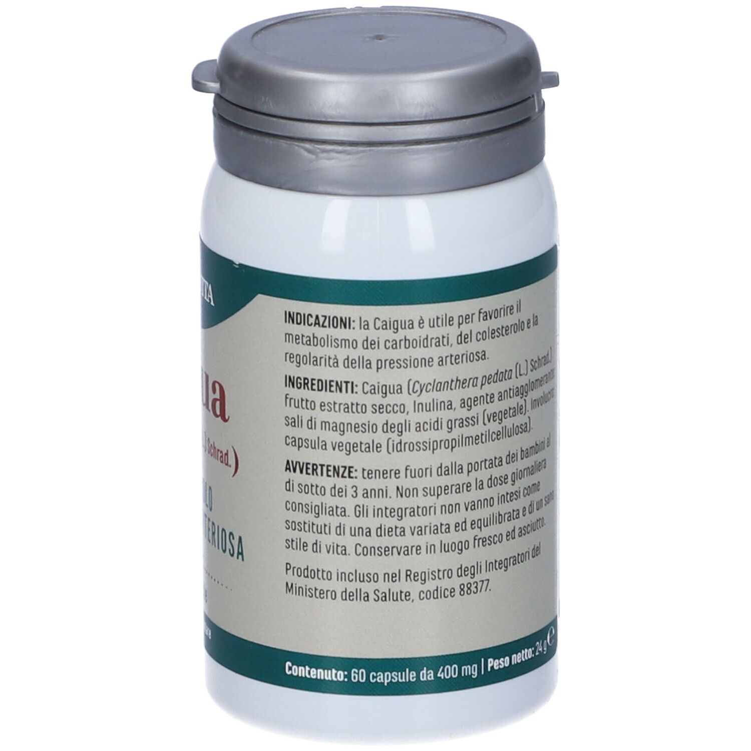 Flacon de gélules avec couvercle argenté. Inscription : CAIGUA, ERBA VITA. 60 gélules. Complément alimentaire.