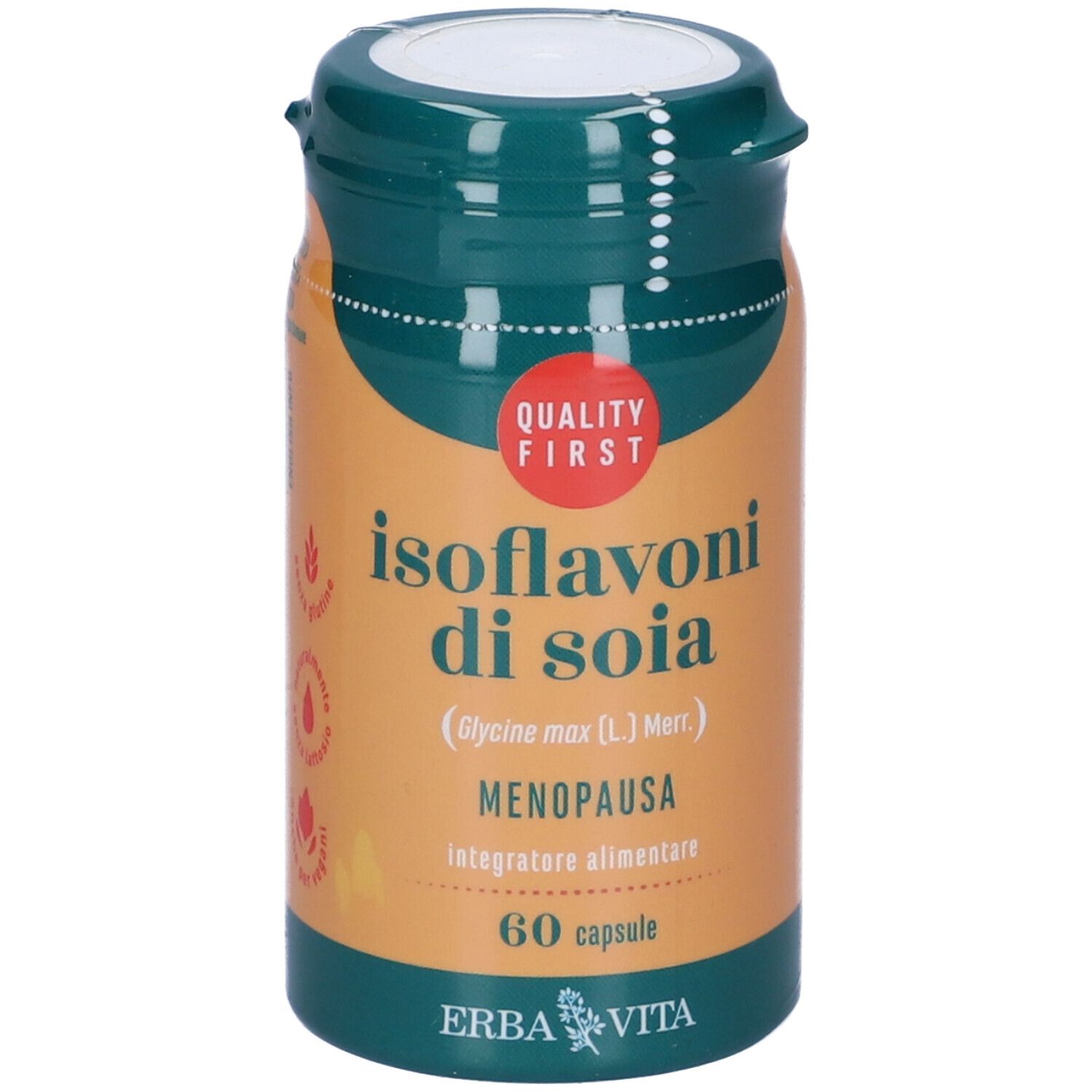 Braune Kapsel-Dose mit grünem Deckel. Aufschrift: Isoflavoni di soia, 60 Kapseln. Marke: Erba Vita. Siegel: Quality First.