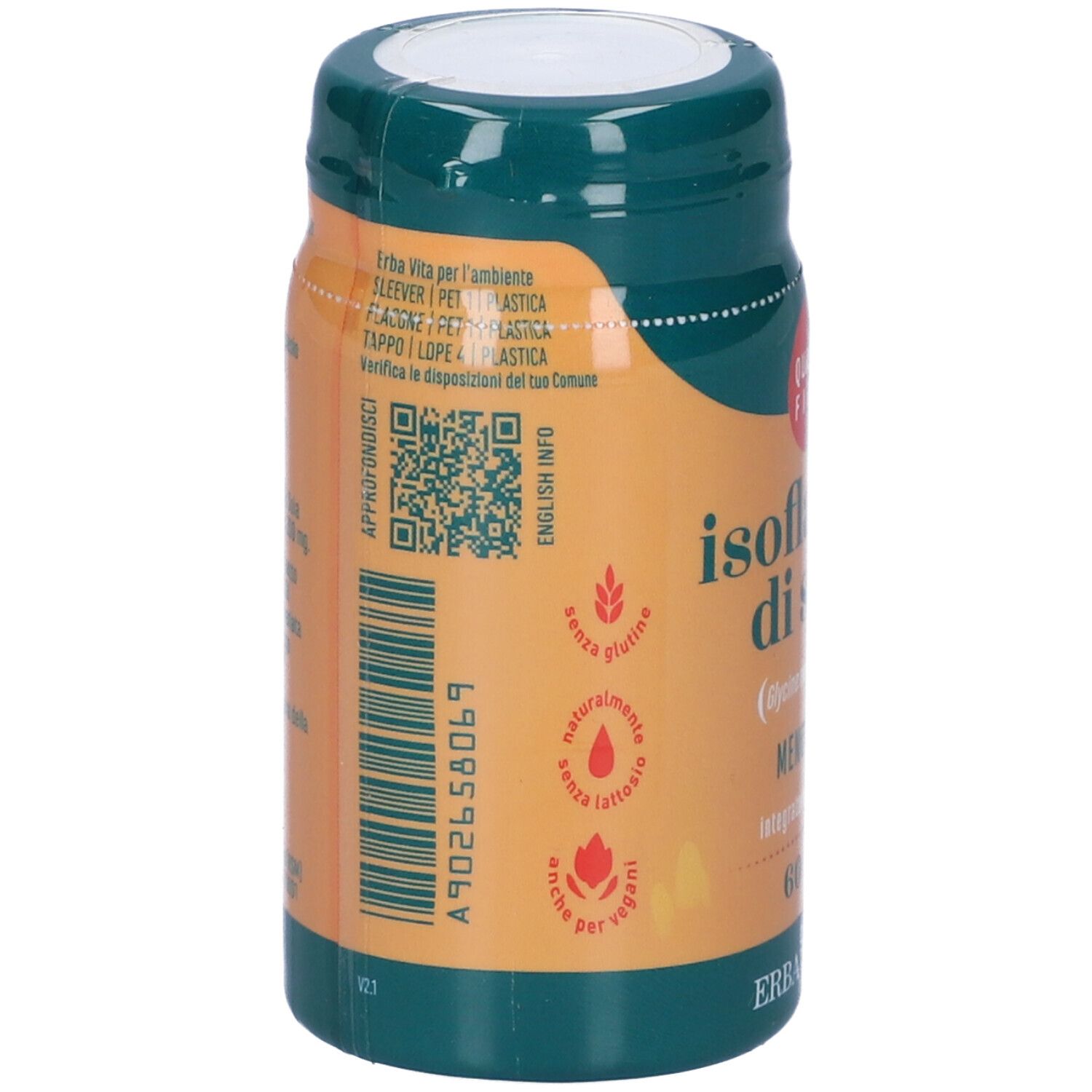 Rückseite der Kapsel-Dose. Aufschrift: Glutenfrei, natürlich laktosefrei, für Veganer. QR-Code und Barcode.