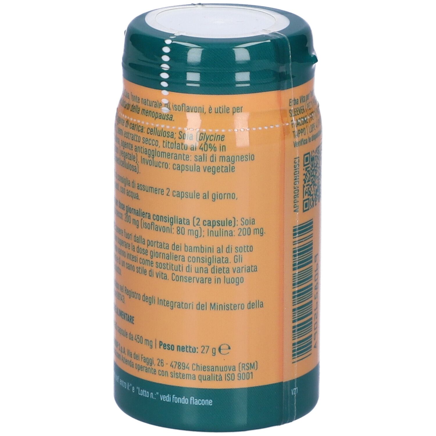 Rückseite der Kapsel-Dose. Aufschrift: Inhaltsstoffe, empfohlene Tagesdosis, Gewicht 27g. ISO 9001.