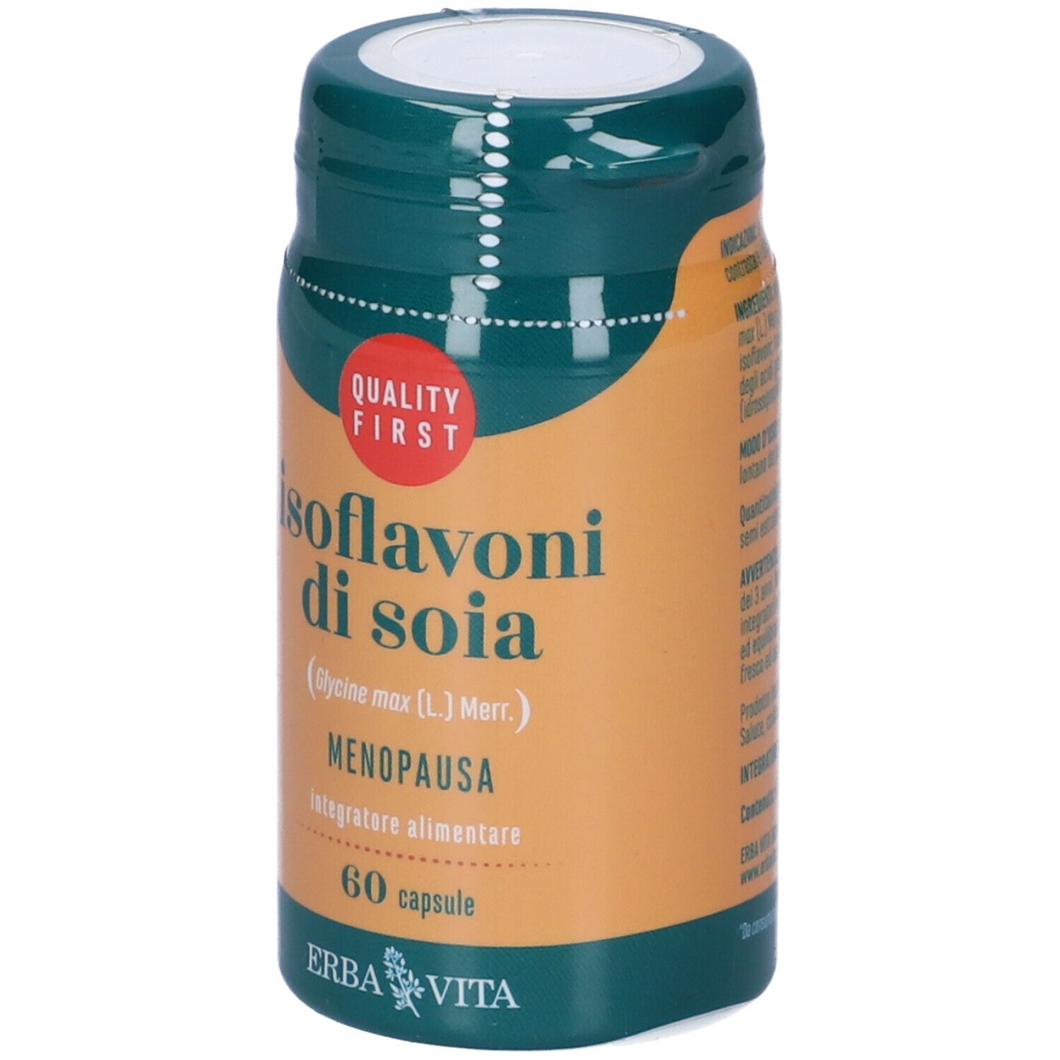 Braune Kapsel-Dose mit grünem Deckel. Aufschrift: Isoflavoni di soia, 60 Kapseln. Marke: Erba Vita. Siegel: Quality First.
