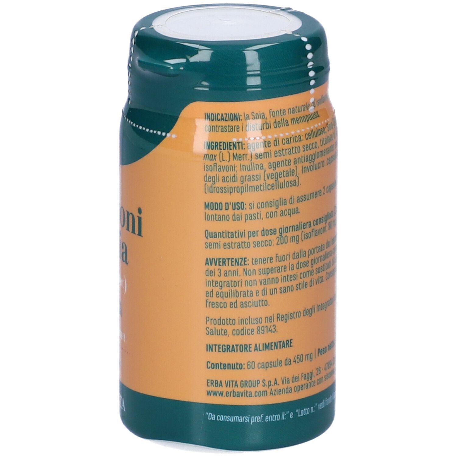 Rückseite der Kapsel-Dose. Aufschrift: Inhaltsstoffe, empfohlene Tagesdosis, 60 Kapseln. Marke: Erba Vita.