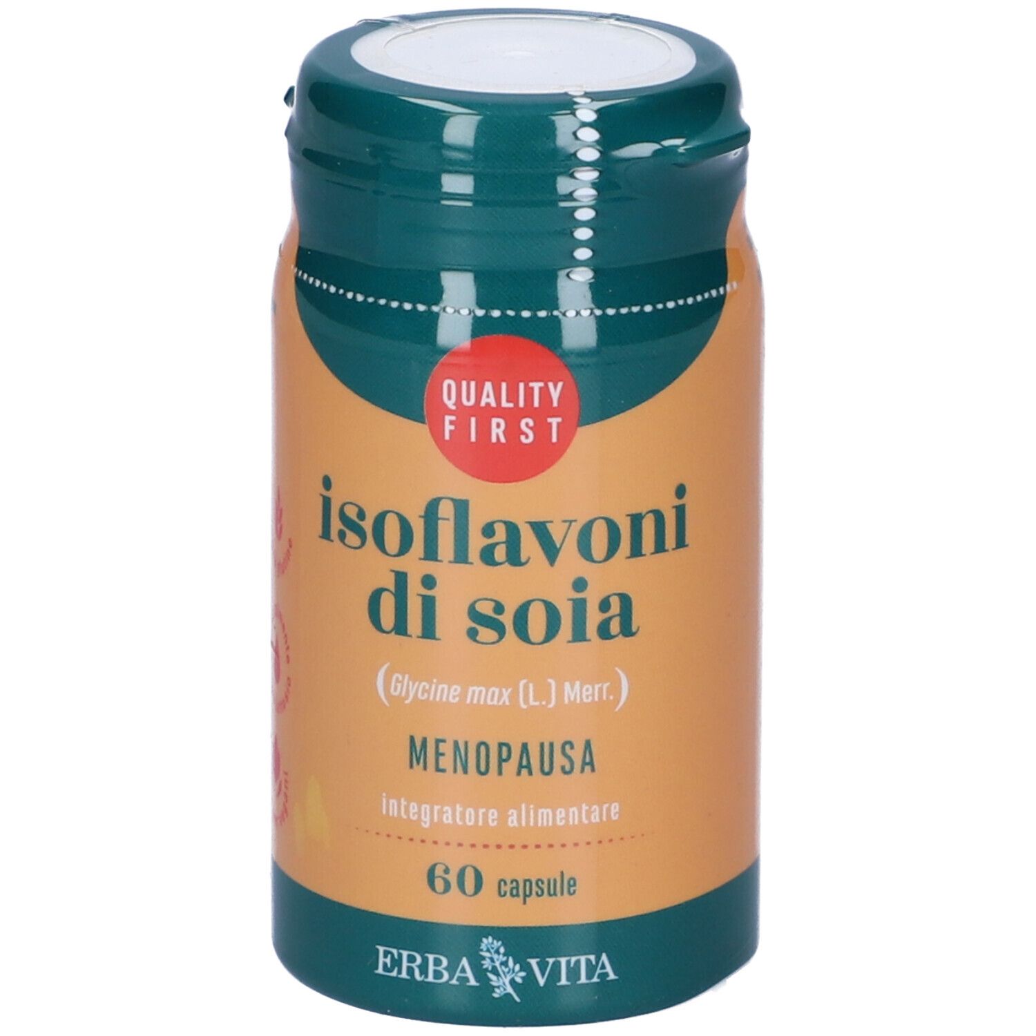 Braune Kapsel-Dose mit grünem Deckel. Aufschrift: Isoflavoni di soia, 60 Kapseln. Marke: Erba Vita. Siegel: Quality First.