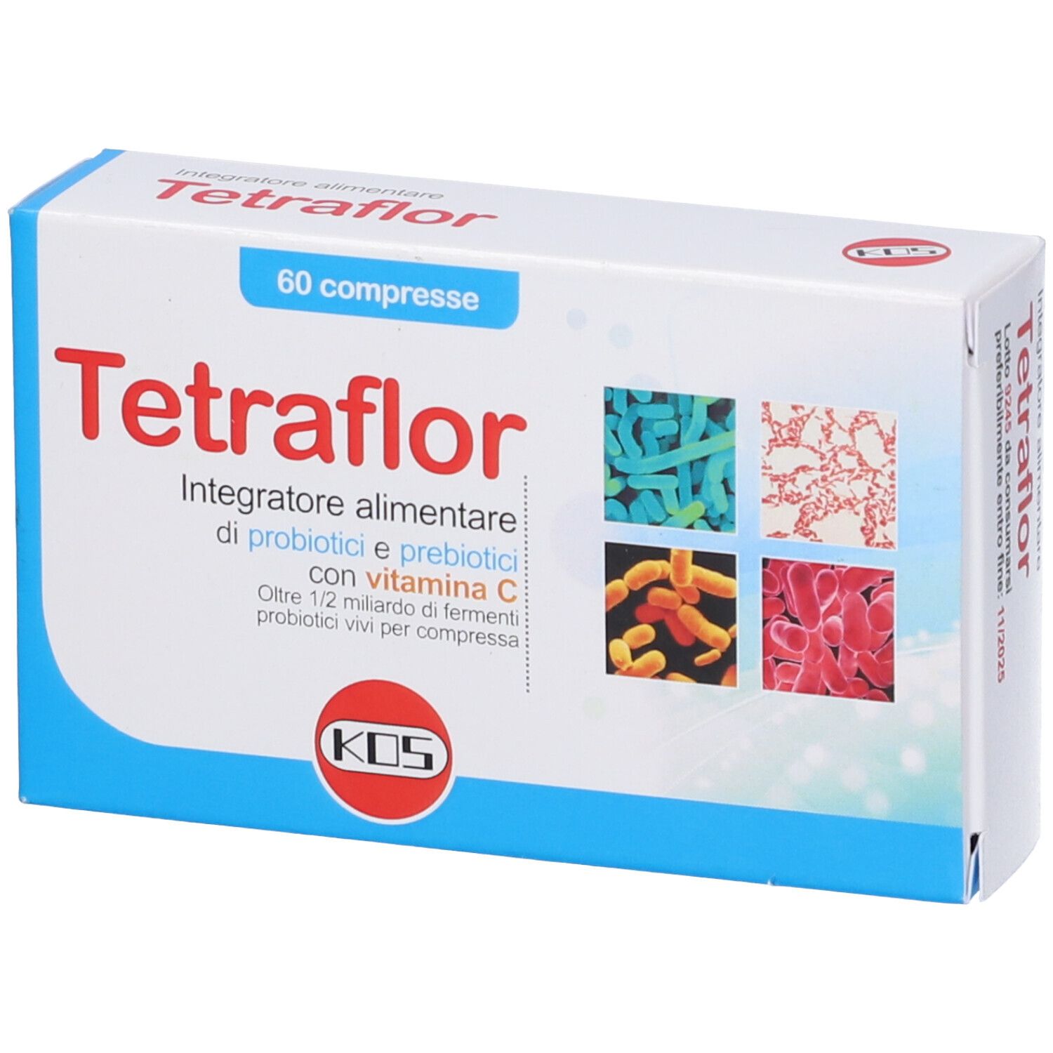 KOS Tetraflor Compresse-Packung. Weiße Schachtel mit Produktnamen und Logo. 60 Tabletten. Abbildungen von Bakterien.