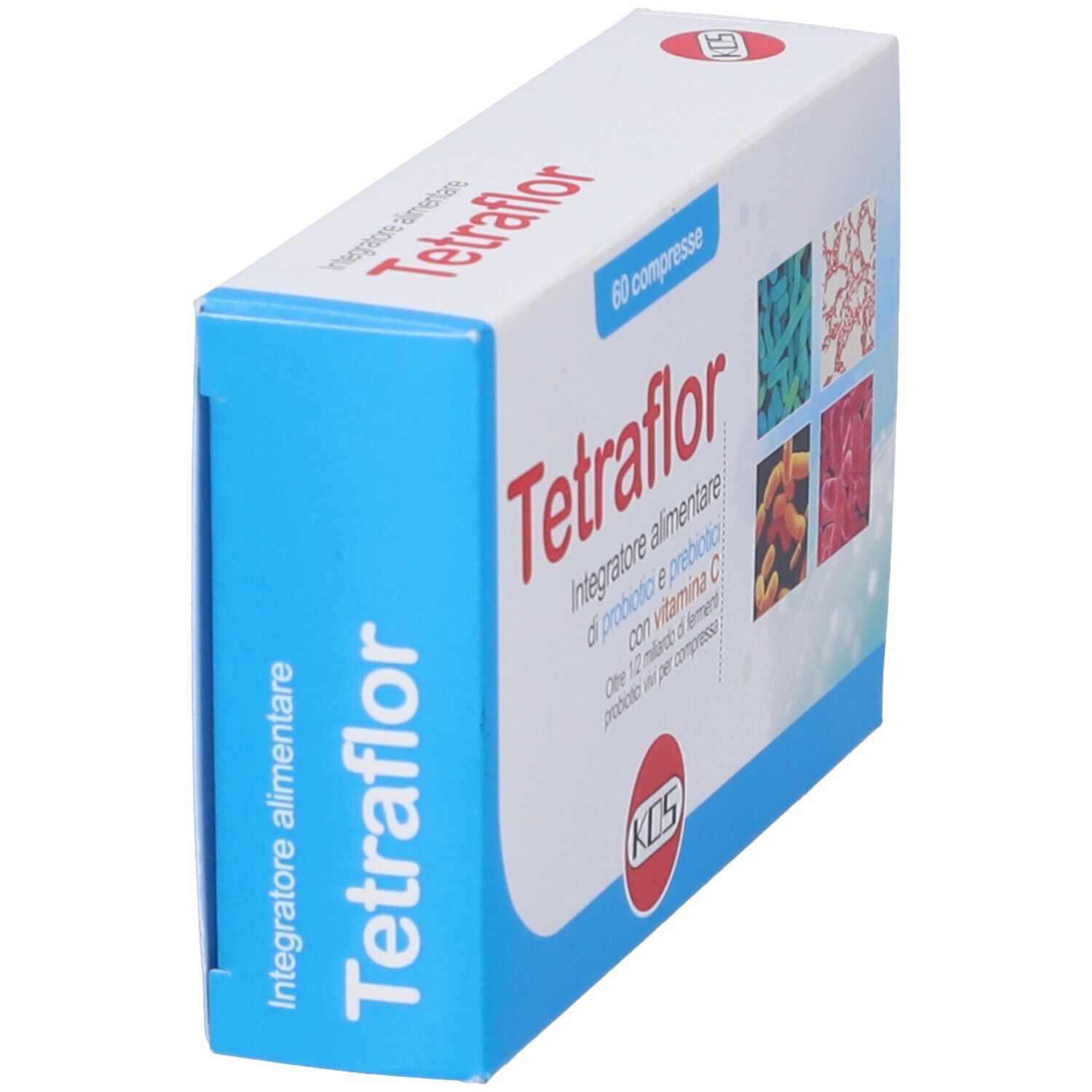 KOS Tetraflor Compresse-Packung. Blaue und weiße Schachtel mit Produktnamen und Logo. 60 Tabletten. Seitenansicht.