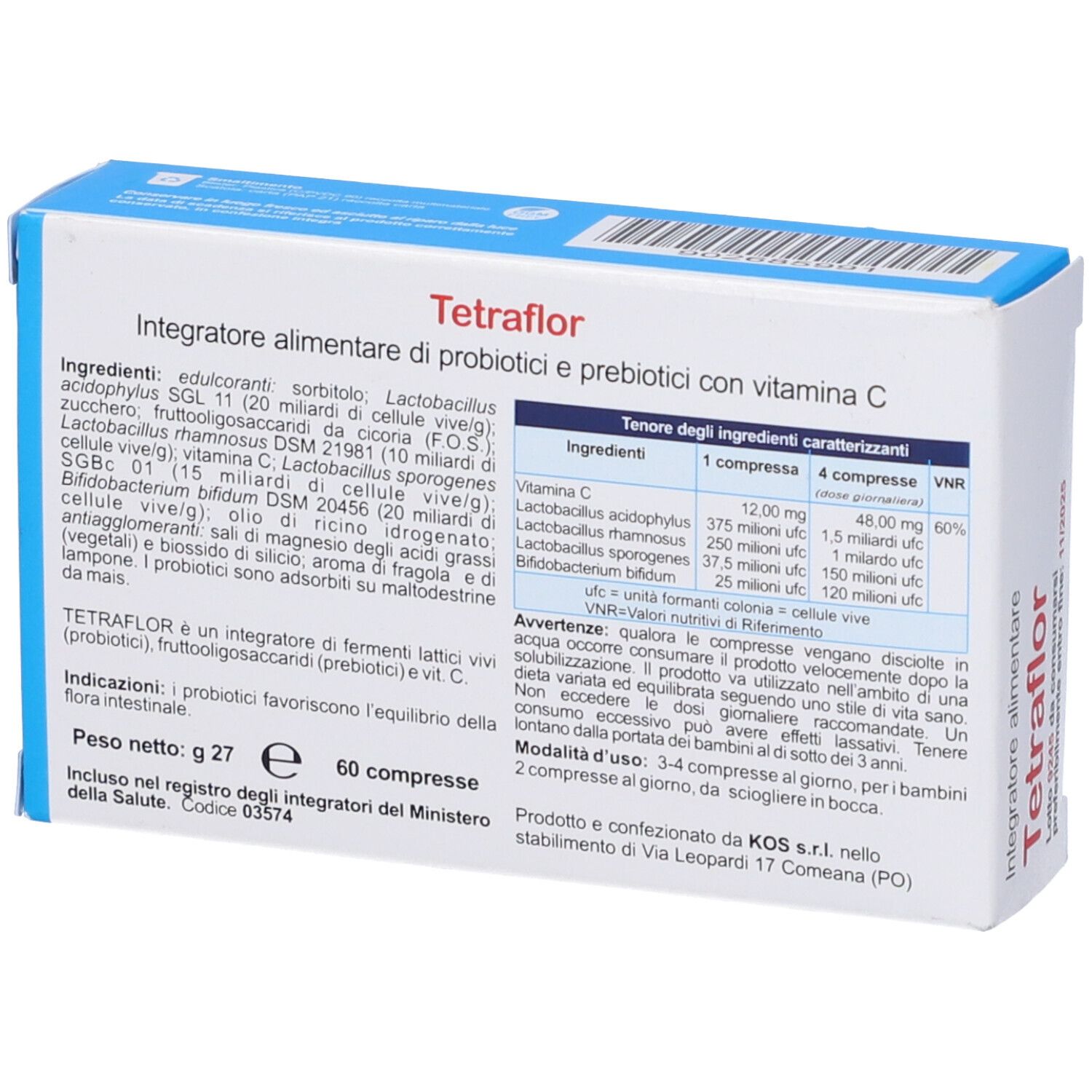 KOS Tetraflor Compresse-Packung. Rückseite der Schachtel mit Inhaltsstoffen und Nährwertangaben. 60 Tabletten.