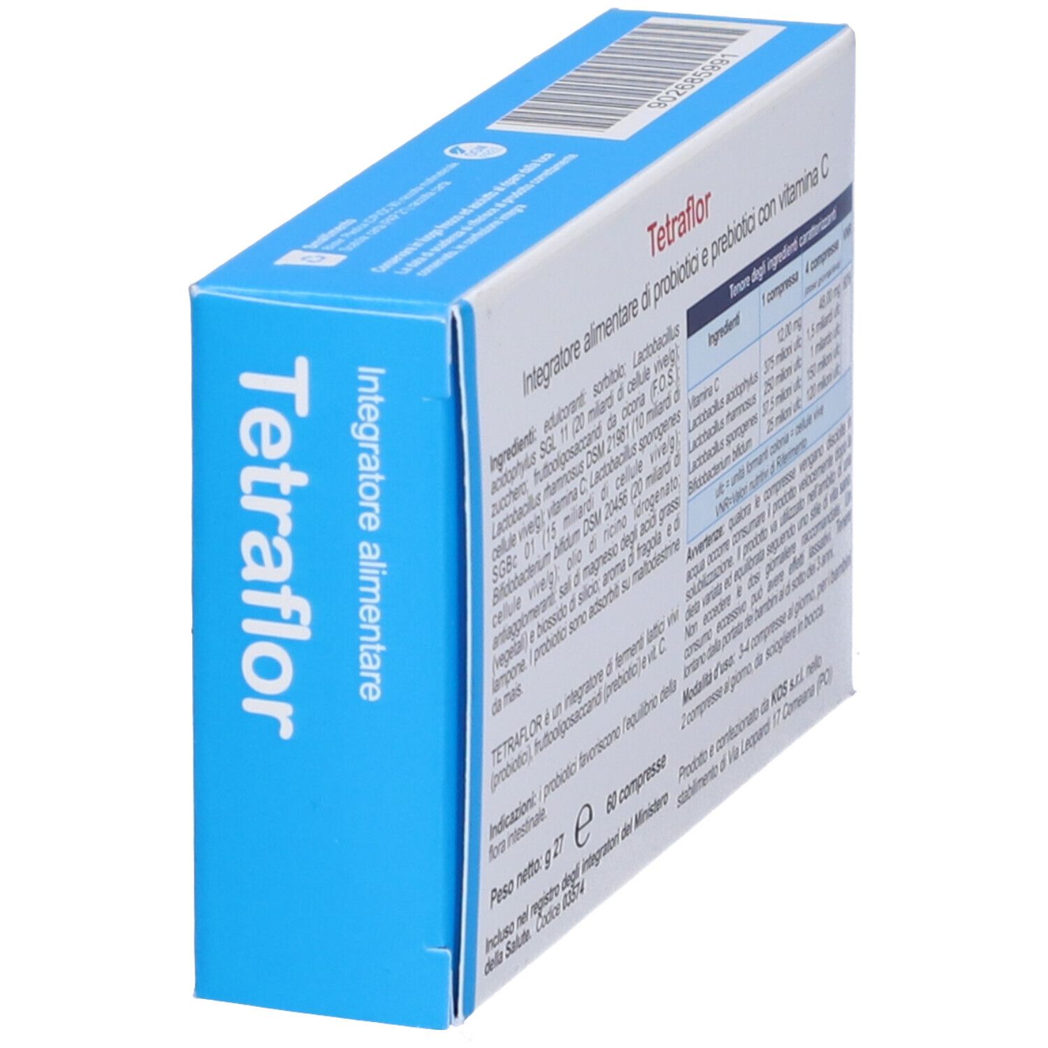 KOS Tetraflor Compresse-Packung. Blaue und weiße Schachtel mit Produktnamen und Logo. 60 Tabletten. Seitenansicht.