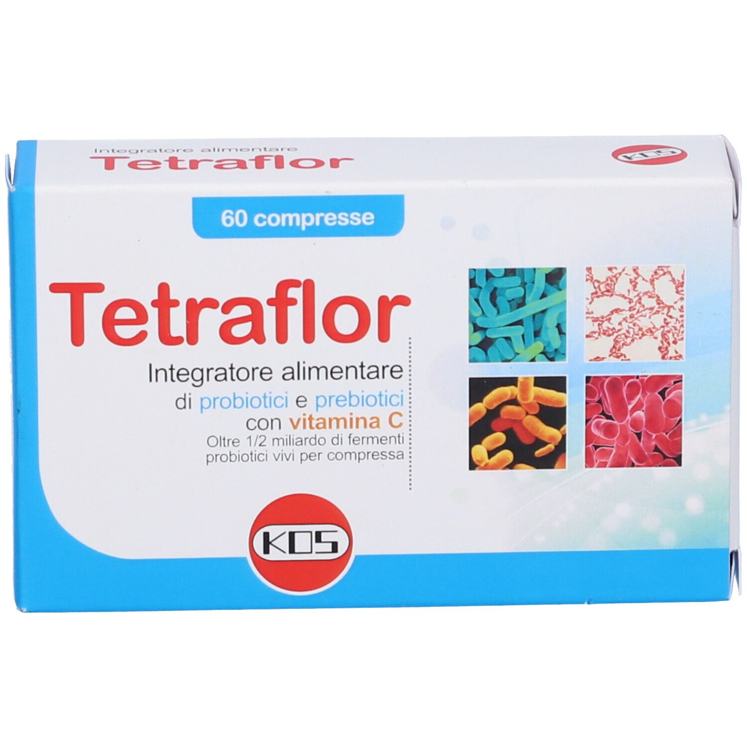 KOS Tetraflor Compresse-Packung. Weiße Schachtel mit Produktnamen und Logo. 60 Tabletten. Abbildungen von Bakterien.