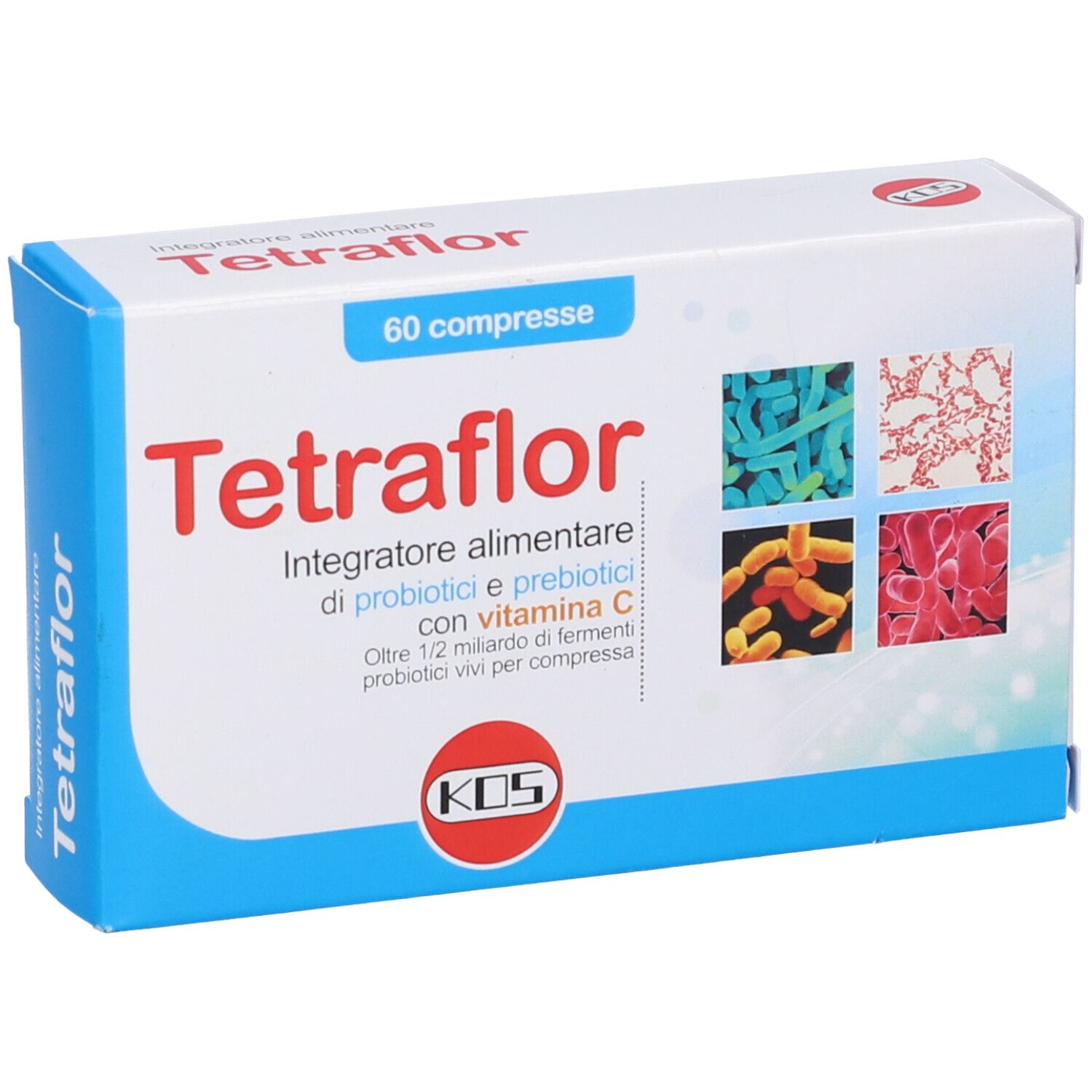 KOS Tetraflor Compresse-Packung. Weiße Schachtel mit Produktnamen und Logo. 60 Tabletten. Abbildungen von Bakterien.