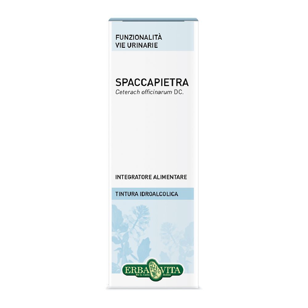 Kartonverpackung mit Produktinformationen. Text: Spaccapietra, Funktionalität Harnwege, Erba Vita Logo.