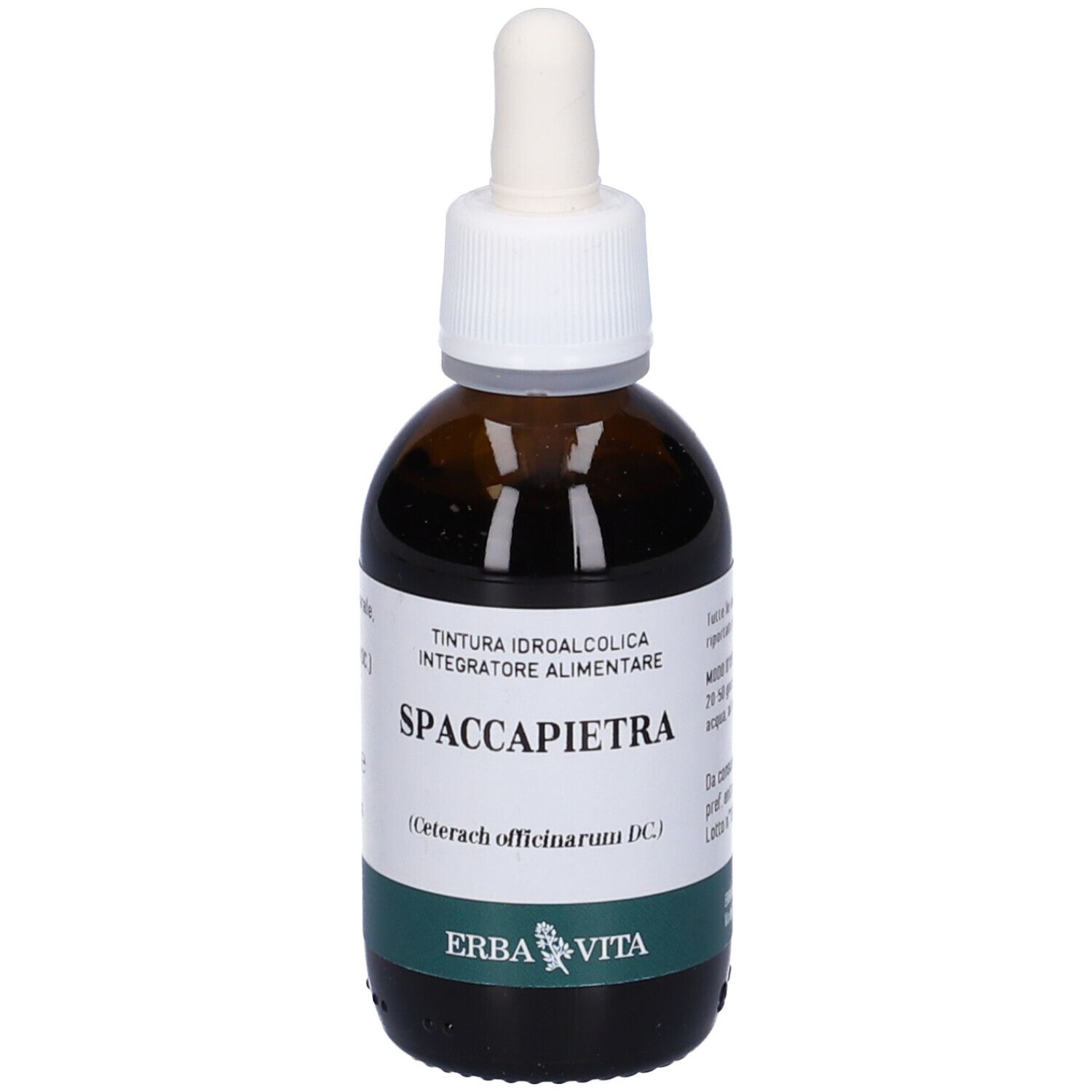 Braune Glasflasche mit Pipette. Etikett mit Produktnamen Spaccapietra und Erba Vita Logo.