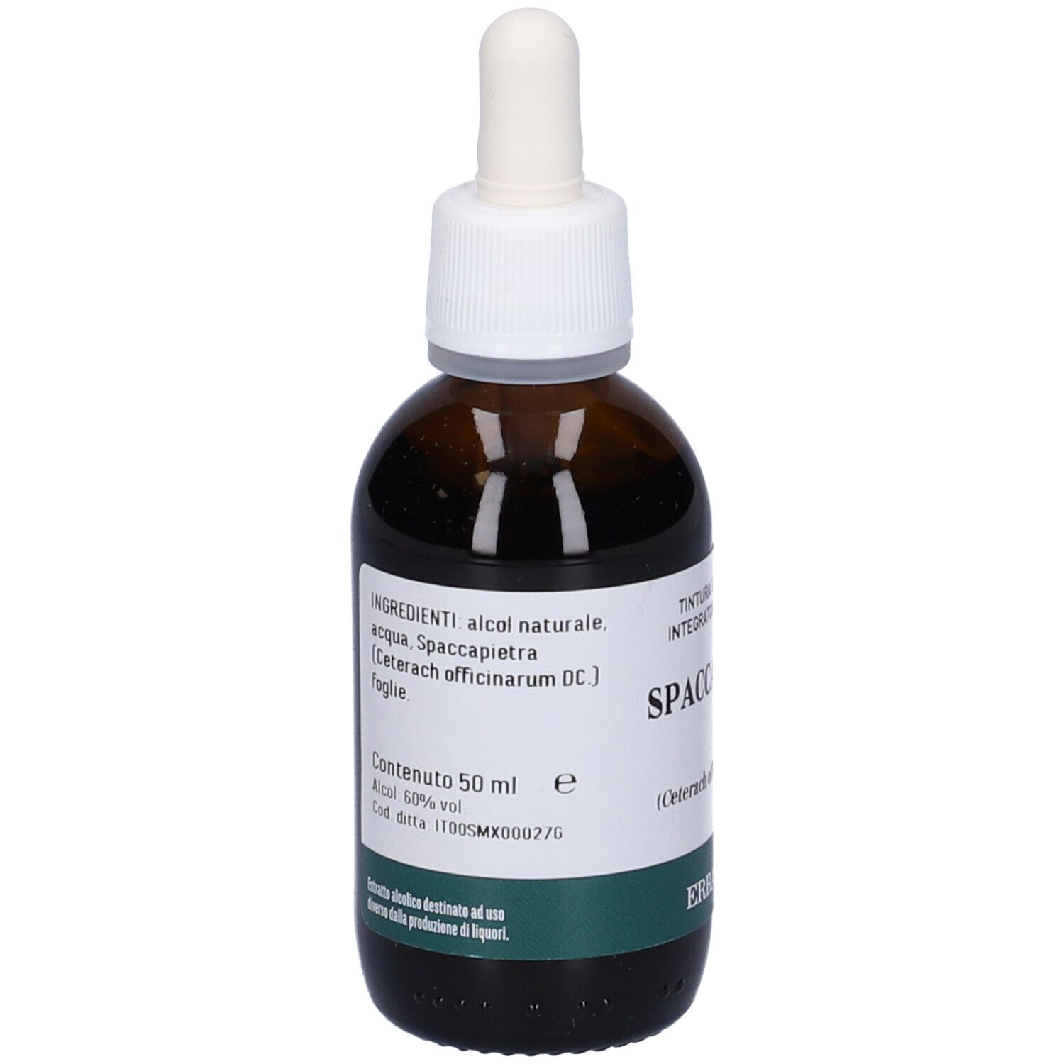 Braune Glasflasche mit Pipette. Etikett mit Inhaltsstoffen, Spaccapietra, 50 ml, 50% vol. Alkohol.