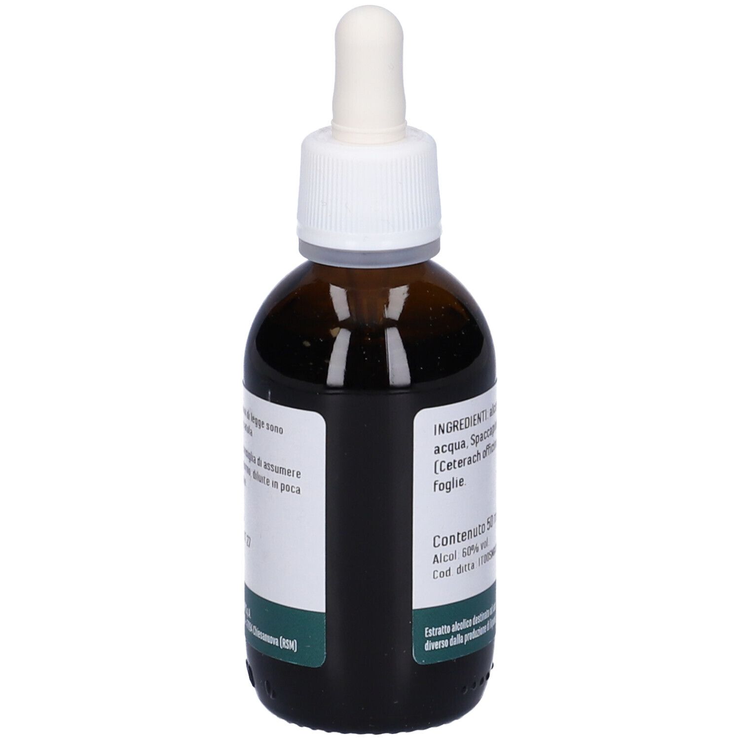 Braune Glasflasche mit Pipette. Etikett mit Inhaltsstoffen, Spaccapietra, 50 ml, Alkohol 50% vol.