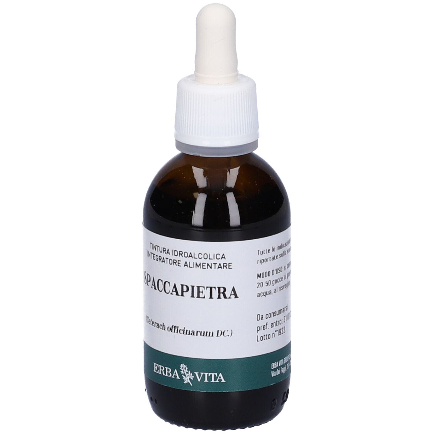 Braune Glasflasche mit Pipette. Etikett mit Produktinformationen, Spaccapietra, Erba Vita Logo.