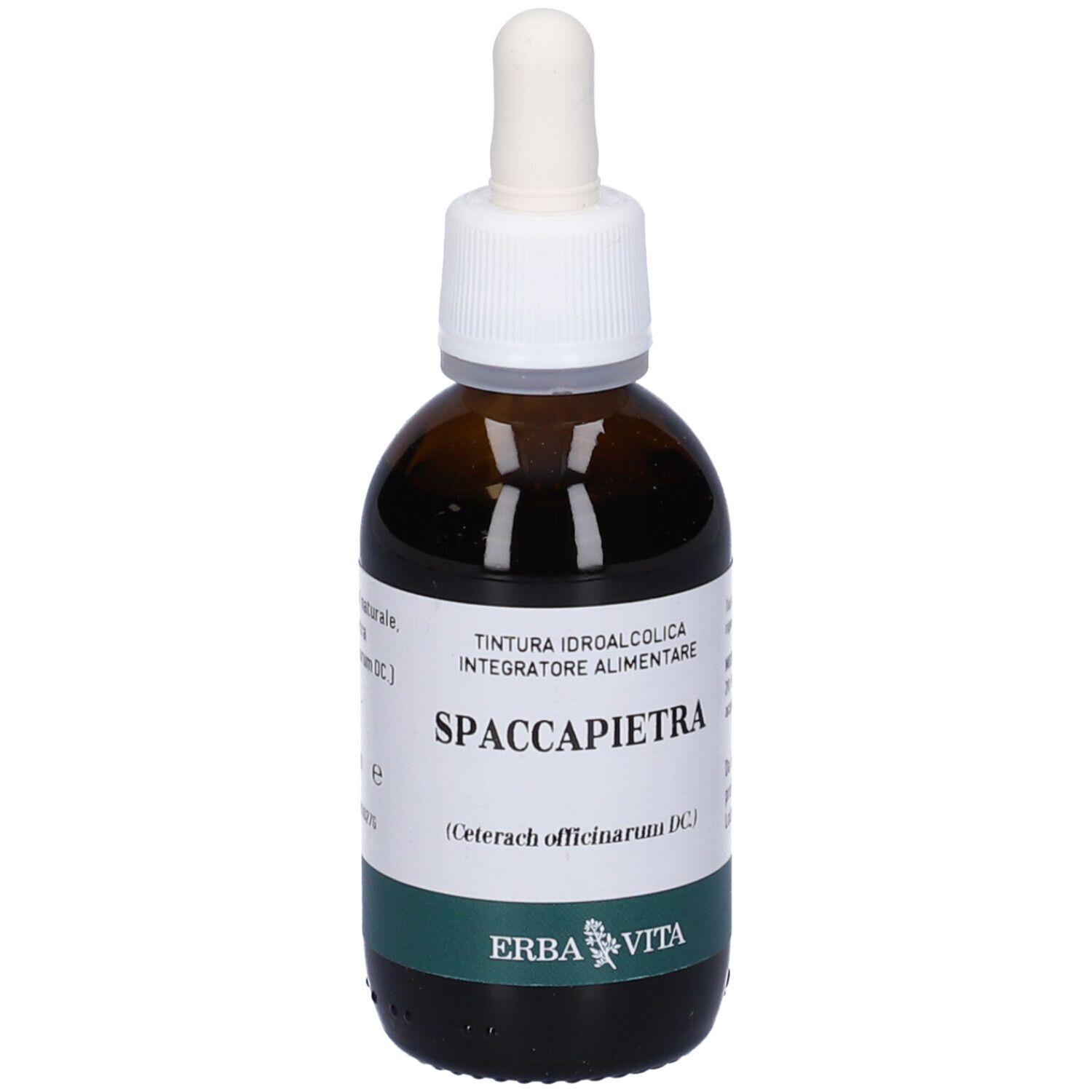 Braune Glasflasche mit Pipette. Etikett mit Produktinformationen, Spaccapietra, Erba Vita Logo.