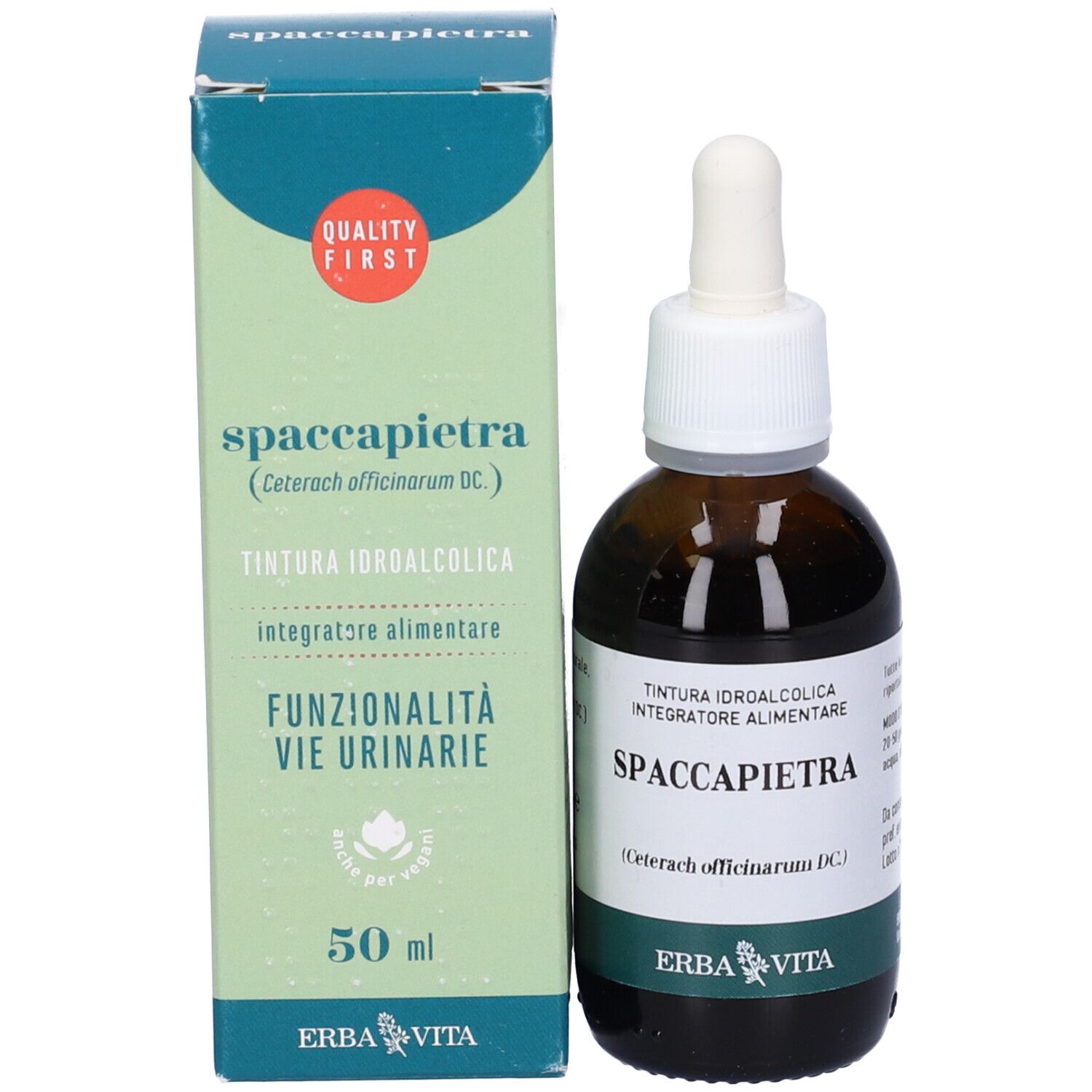Produktverpackung und Flasche mit Pipette. Verpackung: Spaccapietra, 50 ml, Funktionalität Harnwege.