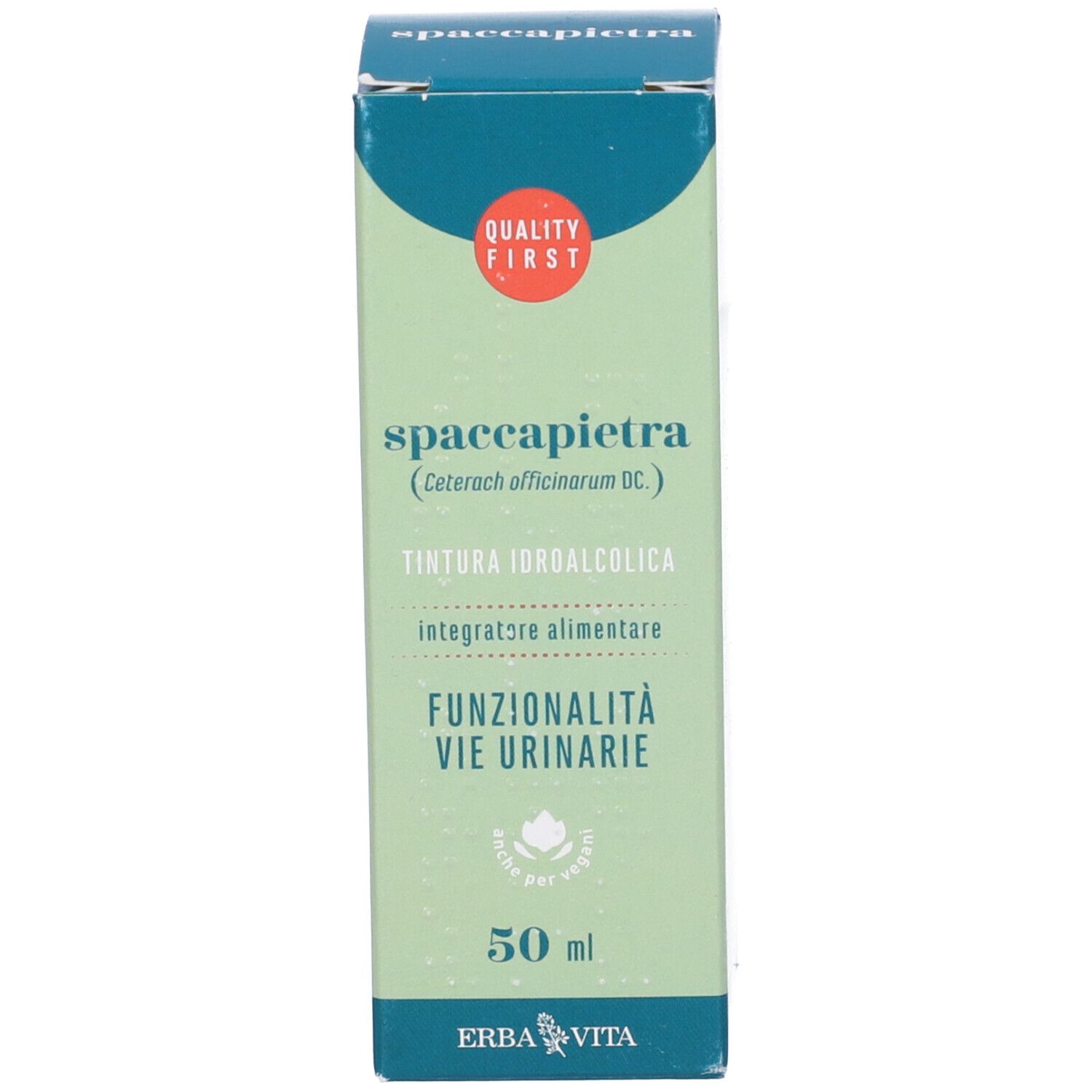 Produktverpackung. Text: Spaccapietra, 50 ml, Funktionalität Harnwege, Erba Vita Logo.