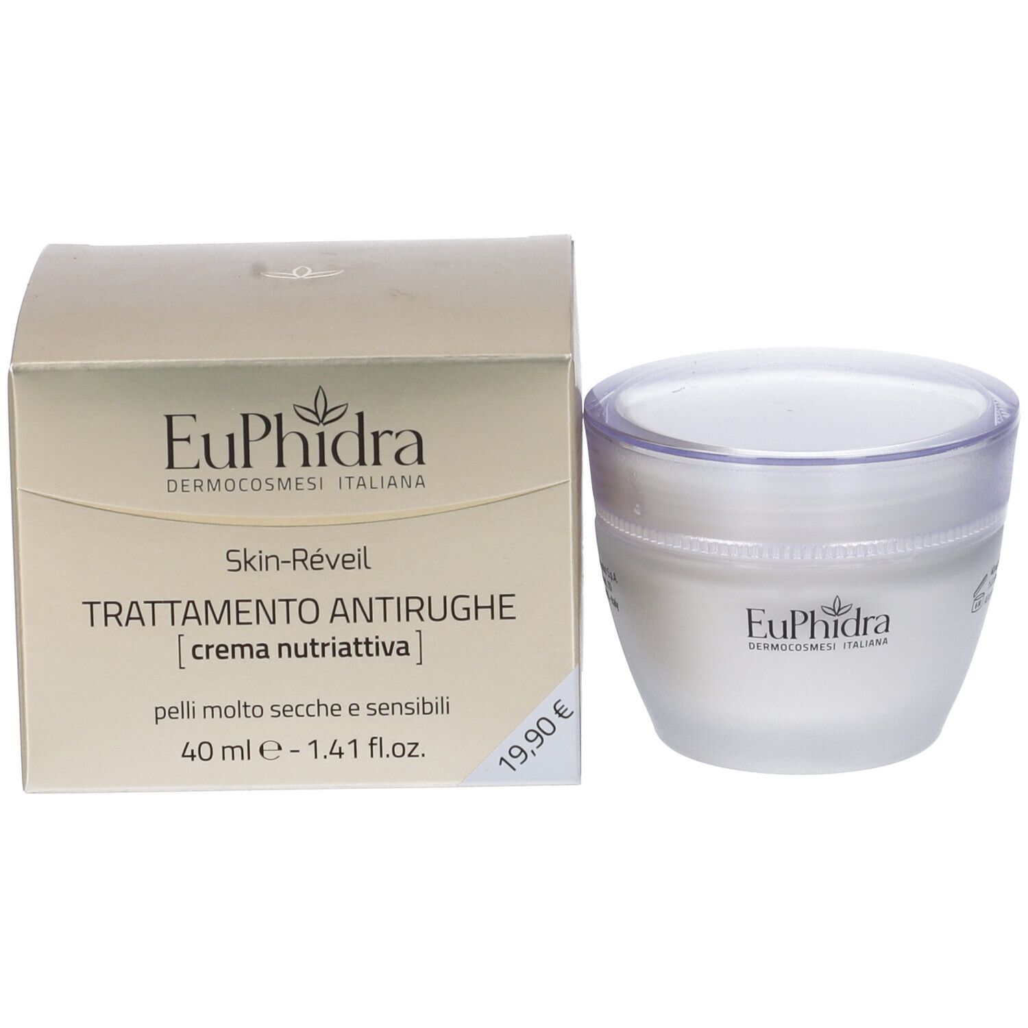 Creme-Tiegel mit Deckel und Verpackung. Auf der Verpackung steht EuPhidra, Skin-Réveil, Trattamento antirughe.